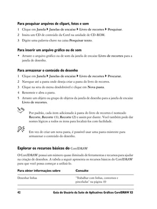 Para pesquisar arquivos de clipart, fotos e som
1 Clique em Janela     Janelas de encaixe     Livro de recortes     Pesquisar.
2 Insira um CD de conteúdo da Corel na unidade de CD-ROM.
3 Digite uma palavra-chave na caixa Pesquisar texto.

Para inserir um arquivo gráfico ou de som
• Arraste o arquivo gráfico ou de som da janela de encaixe Livro de recortes para a
  janela de desenho.

Para armazenar o conteúdo do desenho
1 Clique em Janela     Janelas de encaixe     Livro de recortes     Procurar.
2 Navegue até a pasta onde deseja criar a pasta do livro de recortes.
3 Clique na seta do menu desdobrável e clique em Nova pasta.
4 Renomeie e abra a pasta.
5 Arraste um objeto ou grupo de objetos da janela de desenho para a janela de encaixe
  Livro de recortes.


        Por padrão, cada item adicionado à pasta do livro de recortes é nomeado
        Recorte, Recorte (1), Recorte (2) e assim por diante. Você também pode dar
        nomes lógicos a todos os itens para localizá-los com facilidade.


        Em vez de criar um nova pasta, é possível usar uma pasta existente para
        armazenar o conteúdo do desenho.


Explorar os recursos básicos do CorelDRAW
O CorelDRAW possui um número quase ilimitado de ferramentas e recursos para ajudar
na criação de desenhos. A tabela a seguir apresenta os recursos básicos do CorelDRAW
para que você possa começar a utilizá-lo.

Para obter informações sobre               Consulte

Desenhar linhas                            “Trabalhar com linhas, contornos e
                                           pinceladas” na página 49


42                        Guia do Usuário da Suíte de Aplicativos Gráficos CorelDRAW X3
 