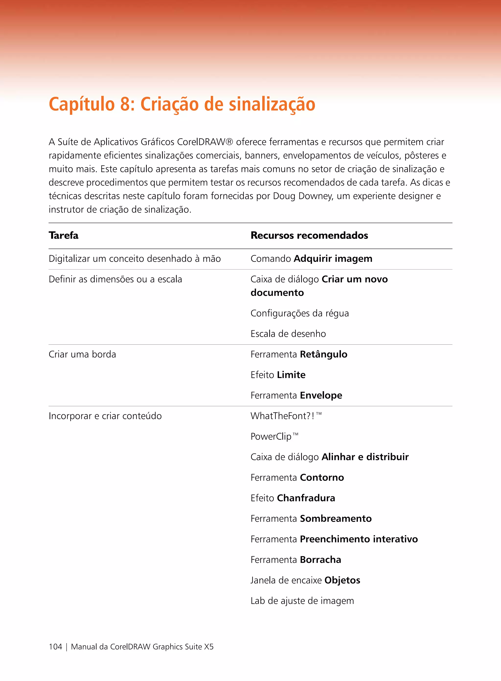 Capítulo 8: Criação de sinalização
A Suíte de Aplicativos Gráficos CorelDRAW® oferece ferramentas e recursos que permitem criar
rapidamente eficientes sinalizações comerciais, banners, envelopamentos de veículos, pôsteres e
muito mais. Este capítulo apresenta as tarefas mais comuns no setor de criação de sinalização e
descreve procedimentos que permitem testar os recursos recomendados de cada tarefa. As dicas e
técnicas descritas neste capítulo foram fornecidas por Doug Downey, um experiente designer e
instrutor de criação de sinalização.

Tarefa                                         Recursos recomendados

Digitalizar um conceito desenhado à mão        Comando Adquirir imagem

Definir as dimensões ou a escala               Caixa de diálogo Criar um novo
                                               documento

                                               Configurações da régua

                                               Escala de desenho

Criar uma borda                                Ferramenta Retângulo

                                               Efeito Limite

                                               Ferramenta Envelope

Incorporar e criar conteúdo                    WhatTheFont?!™

                                               PowerClip™

                                               Caixa de diálogo Alinhar e distribuir

                                               Ferramenta Contorno

                                               Efeito Chanfradura

                                               Ferramenta Sombreamento

                                               Ferramenta Preenchimento interativo

                                               Ferramenta Borracha

                                               Janela de encaixe Objetos

                                               Lab de ajuste de imagem



104 | Manual da CorelDRAW Graphics Suite X5
 