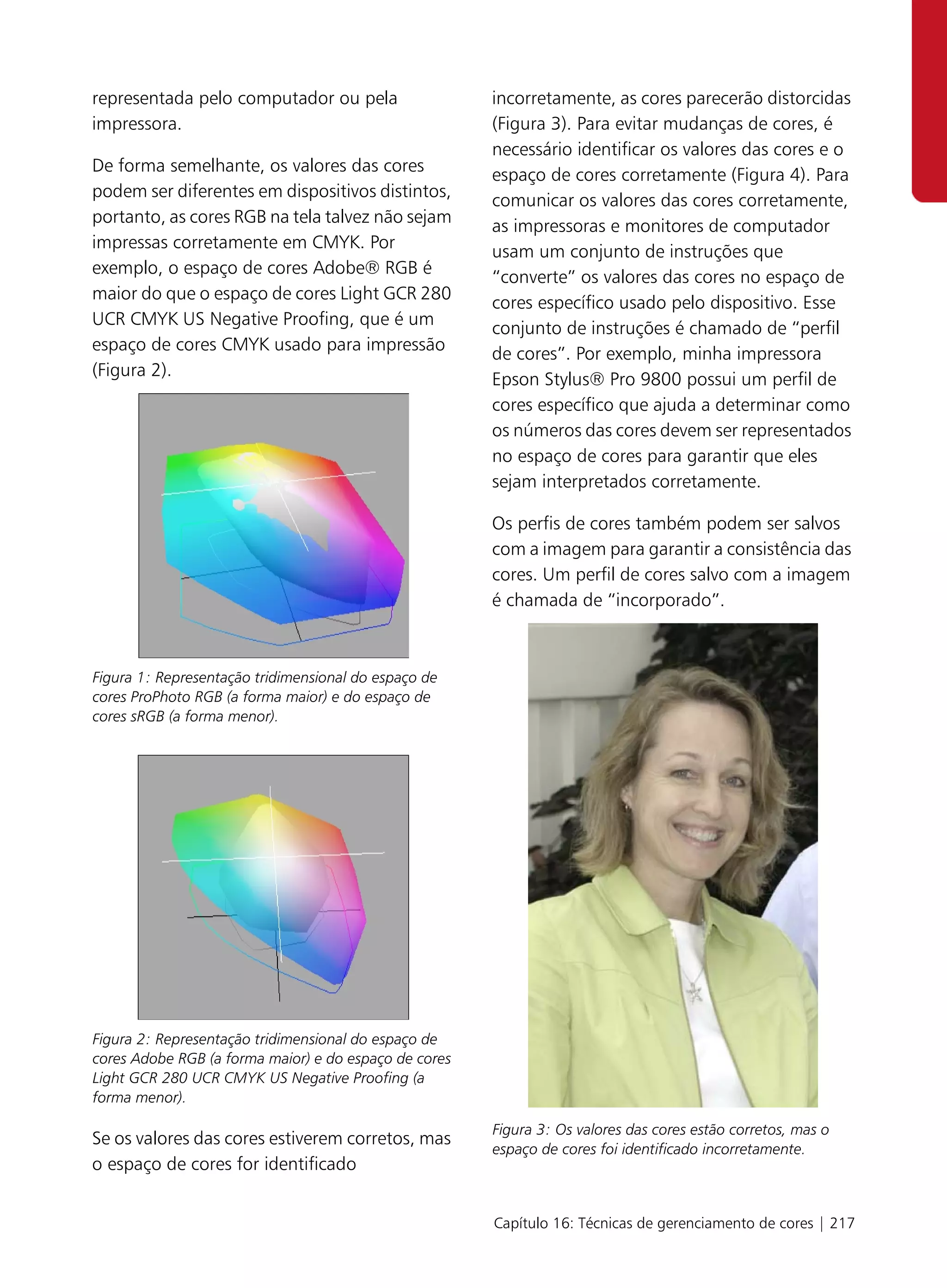 representada pelo computador ou pela                   incorretamente, as cores parecerão distorcidas
impressora.                                            (Figura 3). Para evitar mudanças de cores, é
                                                       necessário identificar os valores das cores e o
De forma semelhante, os valores das cores              espaço de cores corretamente (Figura 4). Para
podem ser diferentes em dispositivos distintos,        comunicar os valores das cores corretamente,
portanto, as cores RGB na tela talvez não sejam        as impressoras e monitores de computador
impressas corretamente em CMYK. Por                    usam um conjunto de instruções que
exemplo, o espaço de cores Adobe® RGB é                “converte” os valores das cores no espaço de
maior do que o espaço de cores Light GCR 280           cores específico usado pelo dispositivo. Esse
UCR CMYK US Negative Proofing, que é um                conjunto de instruções é chamado de “perfil
espaço de cores CMYK usado para impressão              de cores”. Por exemplo, minha impressora
(Figura 2).                                            Epson Stylus® Pro 9800 possui um perfil de
                                                       cores específico que ajuda a determinar como
                                                       os números das cores devem ser representados
                                                       no espaço de cores para garantir que eles
                                                       sejam interpretados corretamente.

                                                       Os perfis de cores também podem ser salvos
                                                       com a imagem para garantir a consistência das
                                                       cores. Um perfil de cores salvo com a imagem
                                                       é chamada de “incorporado”.



Figura 1: Representação tridimensional do espaço de
cores ProPhoto RGB (a forma maior) e do espaço de
cores sRGB (a forma menor).




Figura 2: Representação tridimensional do espaço de
cores Adobe RGB (a forma maior) e do espaço de cores
Light GCR 280 UCR CMYK US Negative Proofing (a
forma menor).

                                                       Figura 3: Os valores das cores estão corretos, mas o
Se os valores das cores estiverem corretos, mas
                                                       espaço de cores foi identificado incorretamente.
o espaço de cores for identificado


                                                       Capítulo 16: Técnicas de gerenciamento de cores | 217
 