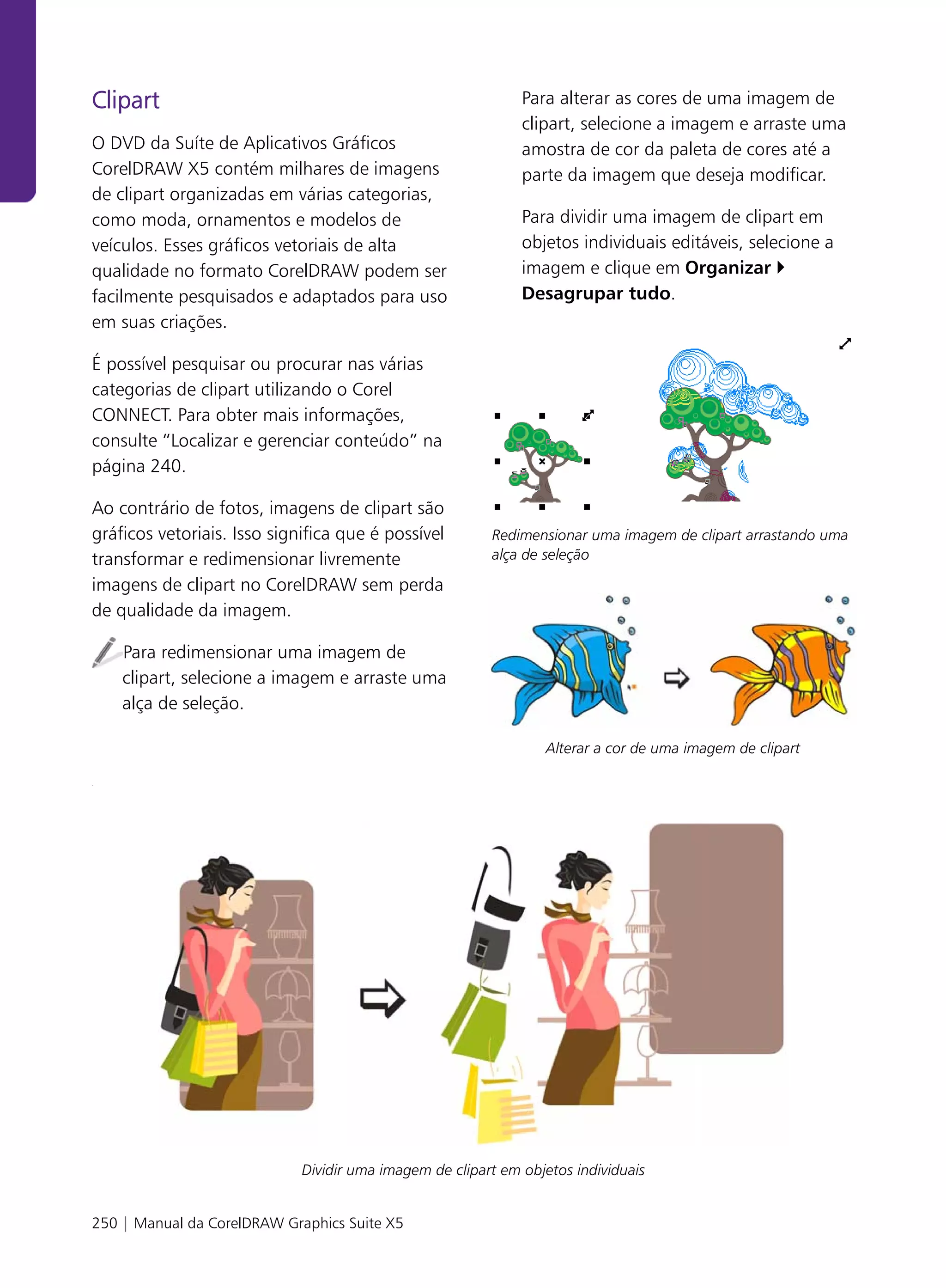 Clipart                                                       Para alterar as cores de uma imagem de
                                                              clipart, selecione a imagem e arraste uma
O DVD da Suíte de Aplicativos Gráficos                        amostra de cor da paleta de cores até a
CorelDRAW X5 contém milhares de imagens                       parte da imagem que deseja modificar.
de clipart organizadas em várias categorias,
como moda, ornamentos e modelos de                            Para dividir uma imagem de clipart em
veículos. Esses gráficos vetoriais de alta                    objetos individuais editáveis, selecione a
qualidade no formato CorelDRAW podem ser                      imagem e clique em Organizar
facilmente pesquisados e adaptados para uso                   Desagrupar tudo.
em suas criações.

É possível pesquisar ou procurar nas várias
categorias de clipart utilizando o Corel
CONNECT. Para obter mais informações,
consulte “Localizar e gerenciar conteúdo” na
página 240.

Ao contrário de fotos, imagens de clipart são
gráficos vetoriais. Isso significa que é possível        Redimensionar uma imagem de clipart arrastando uma
transformar e redimensionar livremente                   alça de seleção

imagens de clipart no CorelDRAW sem perda
de qualidade da imagem.

    Para redimensionar uma imagem de
    clipart, selecione a imagem e arraste uma
    alça de seleção.

                                                                 Alterar a cor de uma imagem de clipart

.




                             Dividir uma imagem de clipart em objetos individuais


250 | Manual da CorelDRAW Graphics Suite X5
 