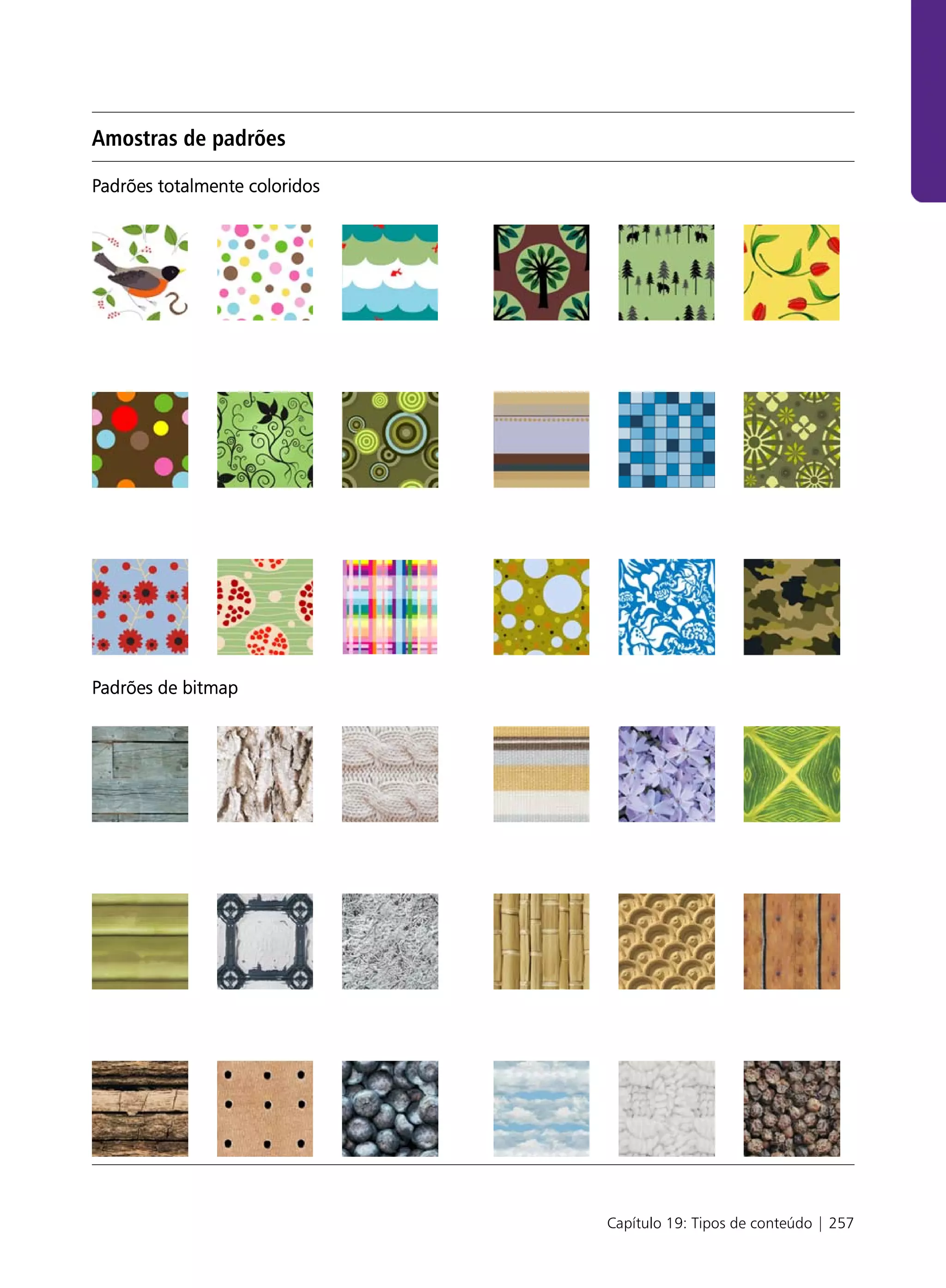 Amostras de padrões

Padrões totalmente coloridos




Padrões de bitmap




                               Capítulo 19: Tipos de conteúdo | 257
 