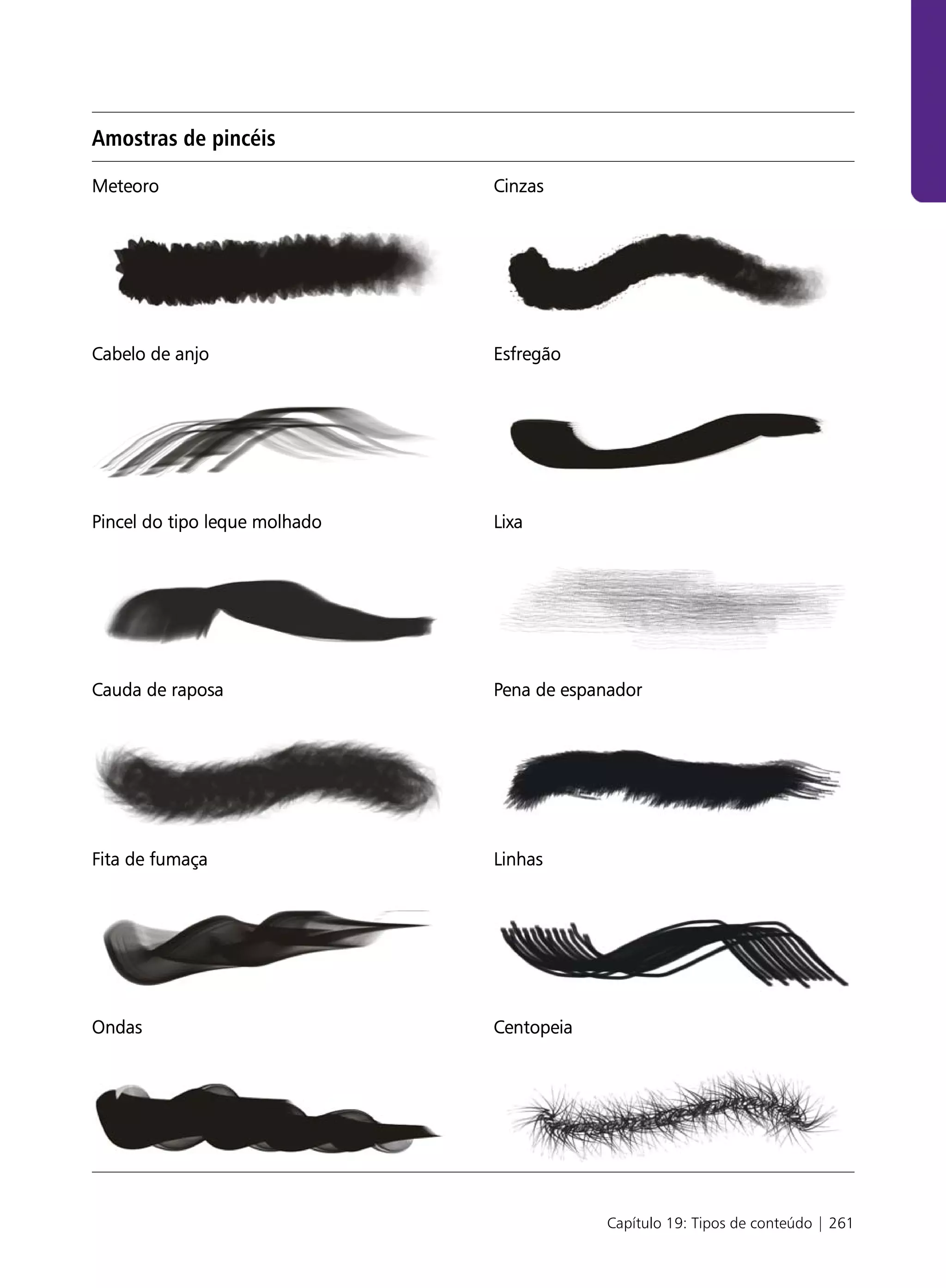 Amostras de pincéis

Meteoro                        Cinzas




Cabelo de anjo                 Esfregão




Pincel do tipo leque molhado   Lixa




Cauda de raposa                Pena de espanador




Fita de fumaça                 Linhas




Ondas                          Centopeia




                                           Capítulo 19: Tipos de conteúdo | 261
 