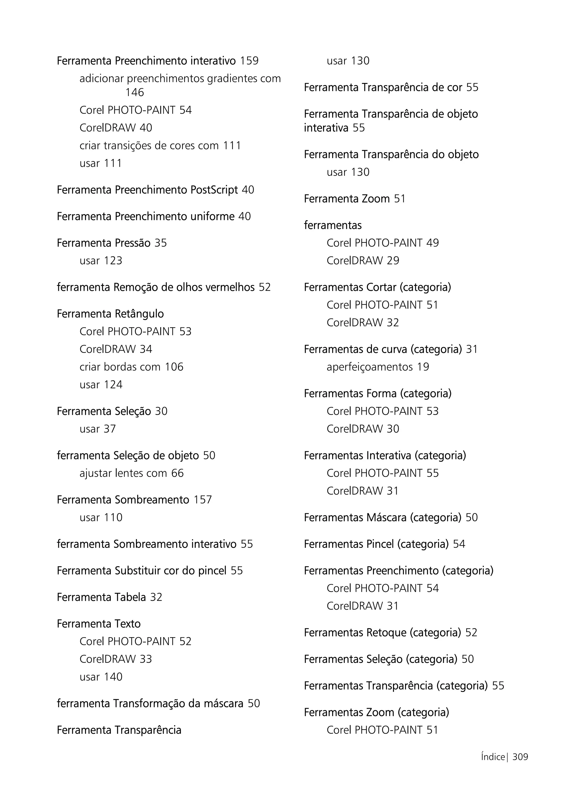 Ferramenta Preenchimento interativo 159           usar 130
    adicionar preenchimentos gradientes com
             146                              Ferramenta Transparência de cor 55

    Corel PHOTO-PAINT 54                      Ferramenta Transparência de objeto
    CorelDRAW 40                              interativa 55
    criar transições de cores com 111
                                              Ferramenta Transparência do objeto
    usar 111
                                                  usar 130
Ferramenta Preenchimento PostScript 40
                                              Ferramenta Zoom 51
Ferramenta Preenchimento uniforme 40
                                              ferramentas
Ferramenta Pressão 35                             Corel PHOTO-PAINT 49
    usar 123                                      CorelDRAW 29

ferramenta Remoção de olhos vermelhos 52      Ferramentas Cortar (categoria)
                                                  Corel PHOTO-PAINT 51
Ferramenta Retângulo
                                                  CorelDRAW 32
    Corel PHOTO-PAINT 53
    CorelDRAW 34                              Ferramentas de curva (categoria) 31
    criar bordas com 106                          aperfeiçoamentos 19
    usar 124
                                              Ferramentas Forma (categoria)
Ferramenta Seleção 30                             Corel PHOTO-PAINT 53
    usar 37                                       CorelDRAW 30

ferramenta Seleção de objeto 50               Ferramentas Interativa (categoria)
    ajustar lentes com 66                         Corel PHOTO-PAINT 55
                                                  CorelDRAW 31
Ferramenta Sombreamento 157
    usar 110                                  Ferramentas Máscara (categoria) 50

ferramenta Sombreamento interativo 55         Ferramentas Pincel (categoria) 54

Ferramenta Substituir cor do pincel 55        Ferramentas Preenchimento (categoria)
                                                  Corel PHOTO-PAINT 54
Ferramenta Tabela 32
                                                  CorelDRAW 31
Ferramenta Texto
                                              Ferramentas Retoque (categoria) 52
    Corel PHOTO-PAINT 52
    CorelDRAW 33                              Ferramentas Seleção (categoria) 50
    usar 140
                                              Ferramentas Transparência (categoria) 55
ferramenta Transformação da máscara 50
                                              Ferramentas Zoom (categoria)
Ferramenta Transparência                          Corel PHOTO-PAINT 51

                                                                                    Índice| 309
 