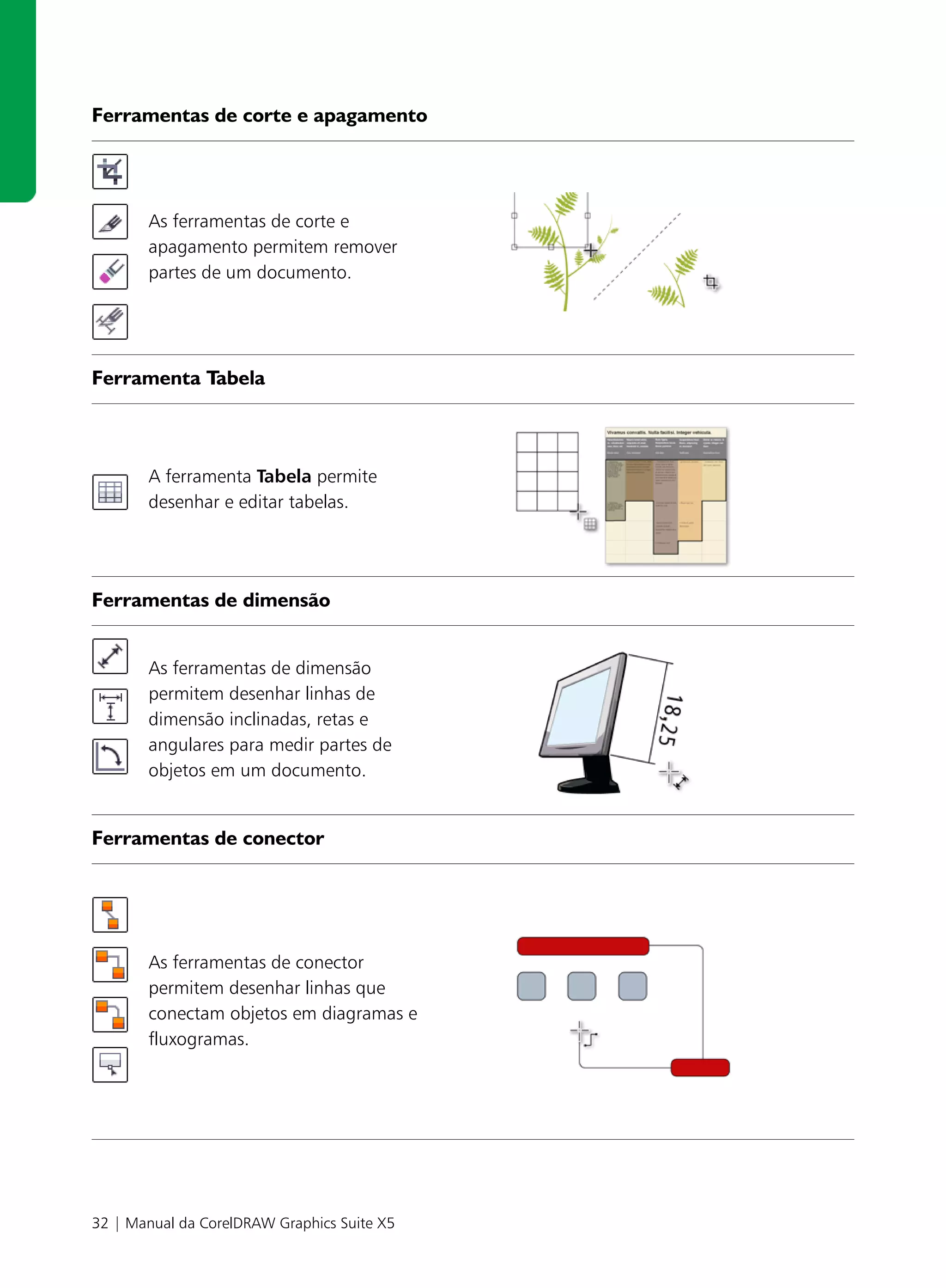 Ferramentas de corte e apagamento




       As ferramentas de corte e
       apagamento permitem remover
       partes de um documento.




Ferramenta Tabela



       A ferramenta Tabela permite
       desenhar e editar tabelas.




Ferramentas de dimensão


       As ferramentas de dimensão
       permitem desenhar linhas de
       dimensão inclinadas, retas e
       angulares para medir partes de
       objetos em um documento.


Ferramentas de conector




       As ferramentas de conector
       permitem desenhar linhas que
       conectam objetos em diagramas e
       fluxogramas.




32 | Manual da CorelDRAW Graphics Suite X5
 