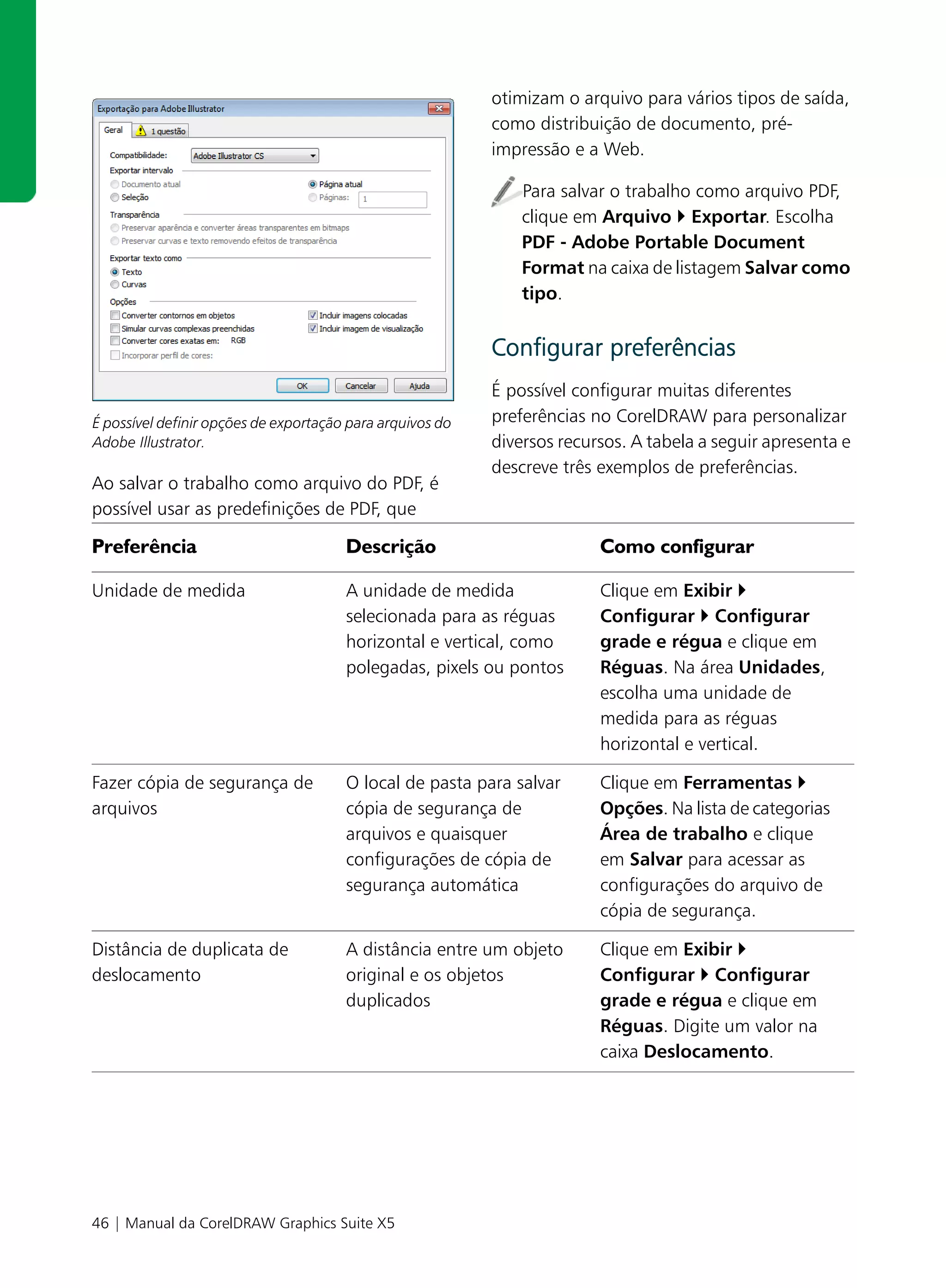 otimizam o arquivo para vários tipos de saída,
                                                           como distribuição de documento, pré-
                                                           impressão e a Web.

                                                               Para salvar o trabalho como arquivo PDF,
                                                               clique em Arquivo Exportar. Escolha
                                                               PDF - Adobe Portable Document
                                                               Format na caixa de listagem Salvar como
                                                               tipo.


                                                           Configurar preferências
                                                           É possível configurar muitas diferentes
É possível definir opções de exportação para arquivos do   preferências no CorelDRAW para personalizar
Adobe Illustrator.                                         diversos recursos. A tabela a seguir apresenta e
                                                           descreve três exemplos de preferências.
Ao salvar o trabalho como arquivo do PDF, é
possível usar as predefinições de PDF, que

Preferência                            Descrição                         Como configurar

Unidade de medida                      A unidade de medida               Clique em Exibir
                                       selecionada para as réguas        Configurar Configurar
                                       horizontal e vertical, como       grade e régua e clique em
                                       polegadas, pixels ou pontos       Réguas. Na área Unidades,
                                                                         escolha uma unidade de
                                                                         medida para as réguas
                                                                         horizontal e vertical.

Fazer cópia de segurança de            O local de pasta para salvar      Clique em Ferramentas
arquivos                               cópia de segurança de             Opções. Na lista de categorias
                                       arquivos e quaisquer              Área de trabalho e clique
                                       configurações de cópia de         em Salvar para acessar as
                                       segurança automática              configurações do arquivo de
                                                                         cópia de segurança.

Distância de duplicata de              A distância entre um objeto       Clique em Exibir
deslocamento                           original e os objetos             Configurar Configurar
                                       duplicados                        grade e régua e clique em
                                                                         Réguas. Digite um valor na
                                                                         caixa Deslocamento.




46 | Manual da CorelDRAW Graphics Suite X5
 