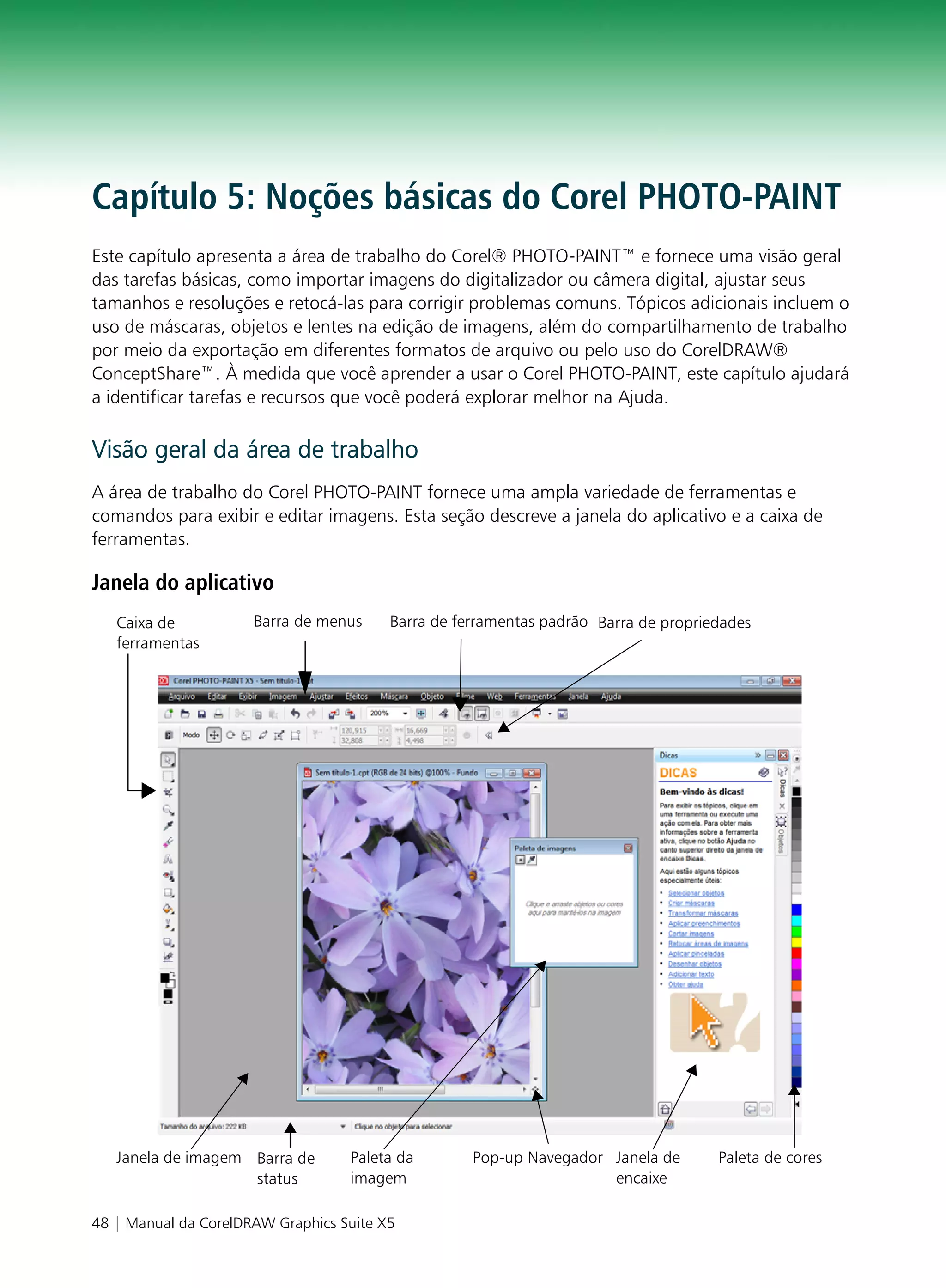 Capítulo 5: Noções básicas do Corel PHOTO-PAINT
Este capítulo apresenta a área de trabalho do Corel® PHOTO-PAINT™ e fornece uma visão geral
das tarefas básicas, como importar imagens do digitalizador ou câmera digital, ajustar seus
tamanhos e resoluções e retocá-las para corrigir problemas comuns. Tópicos adicionais incluem o
uso de máscaras, objetos e lentes na edição de imagens, além do compartilhamento de trabalho
por meio da exportação em diferentes formatos de arquivo ou pelo uso do CorelDRAW®
ConceptShare™. À medida que você aprender a usar o Corel PHOTO-PAINT, este capítulo ajudará
a identificar tarefas e recursos que você poderá explorar melhor na Ajuda.

Visão geral da área de trabalho
A área de trabalho do Corel PHOTO-PAINT fornece uma ampla variedade de ferramentas e
comandos para exibir e editar imagens. Esta seção descreve a janela do aplicativo e a caixa de
ferramentas.

Janela do aplicativo
   Caixa de           Barra de menus     Barra de ferramentas padrão Barra de propriedades
   ferramentas




   Janela de imagem Barra de       Paleta da        Pop-up Navegador Janela de       Paleta de cores
                    status         imagem                            encaixe

48 | Manual da CorelDRAW Graphics Suite X5
 