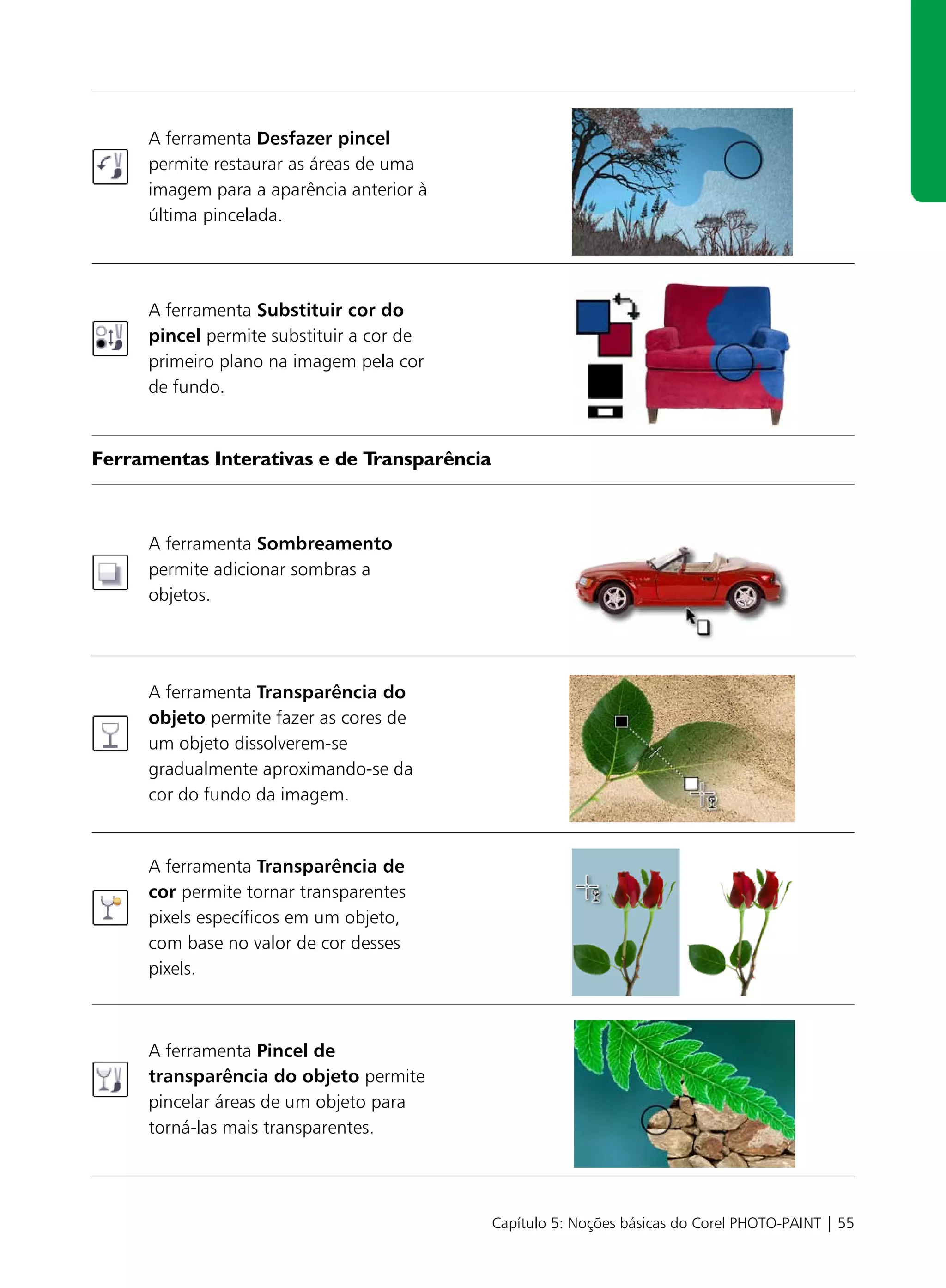 A ferramenta Desfazer pincel
     permite restaurar as áreas de uma
     imagem para a aparência anterior à
     última pincelada.




     A ferramenta Substituir cor do
     pincel permite substituir a cor de
     primeiro plano na imagem pela cor
     de fundo.


Ferramentas Interativas e de Transparência



     A ferramenta Sombreamento
     permite adicionar sombras a
     objetos.




     A ferramenta Transparência do
     objeto permite fazer as cores de
     um objeto dissolverem-se
     gradualmente aproximando-se da
     cor do fundo da imagem.


     A ferramenta Transparência de
     cor permite tornar transparentes
     pixels específicos em um objeto,
     com base no valor de cor desses
     pixels.



     A ferramenta Pincel de
     transparência do objeto permite
     pincelar áreas de um objeto para
     torná-las mais transparentes.




                                             Capítulo 5: Noções básicas do Corel PHOTO-PAINT | 55
 