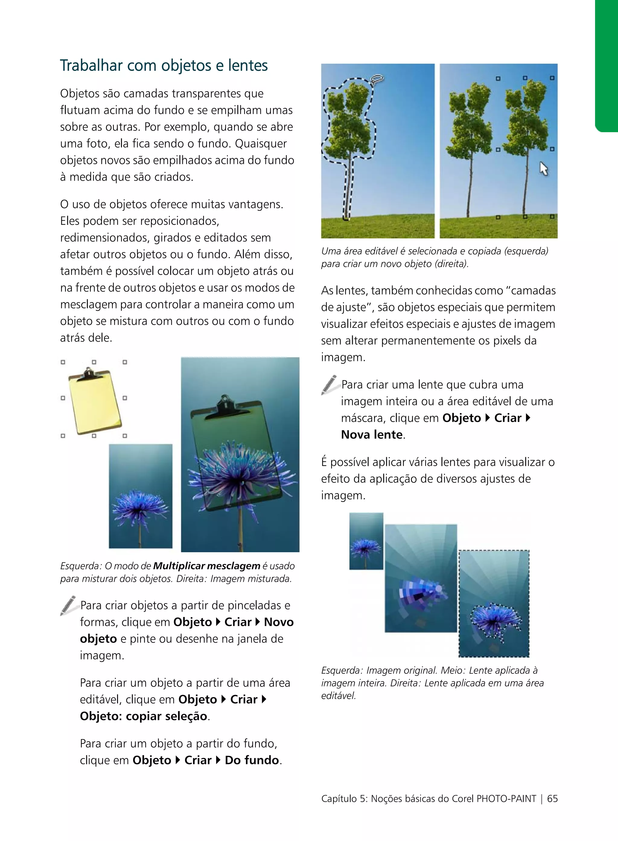 Trabalhar com objetos e lentes
Objetos são camadas transparentes que
flutuam acima do fundo e se empilham umas
sobre as outras. Por exemplo, quando se abre
uma foto, ela fica sendo o fundo. Quaisquer
objetos novos são empilhados acima do fundo
à medida que são criados.

O uso de objetos oferece muitas vantagens.
Eles podem ser reposicionados,
redimensionados, girados e editados sem
afetar outros objetos ou o fundo. Além disso,            Uma área editável é selecionada e copiada (esquerda)
                                                         para criar um novo objeto (direita).
também é possível colocar um objeto atrás ou
na frente de outros objetos e usar os modos de           As lentes, também conhecidas como “camadas
mesclagem para controlar a maneira como um               de ajuste”, são objetos especiais que permitem
objeto se mistura com outros ou com o fundo              visualizar efeitos especiais e ajustes de imagem
atrás dele.                                              sem alterar permanentemente os pixels da
                                                         imagem.

                                                             Para criar uma lente que cubra uma
                                                             imagem inteira ou a área editável de uma
                                                             máscara, clique em Objeto Criar
                                                             Nova lente.

                                                         É possível aplicar várias lentes para visualizar o
                                                         efeito da aplicação de diversos ajustes de
                                                         imagem.




Esquerda: O modo de Multiplicar mesclagem é usado
para misturar dois objetos. Direita: Imagem misturada.

    Para criar objetos a partir de pinceladas e
    formas, clique em Objeto Criar Novo
    objeto e pinte ou desenhe na janela de
    imagem.
                                                         Esquerda: Imagem original. Meio: Lente aplicada à
    Para criar um objeto a partir de uma área            imagem inteira. Direita: Lente aplicada em uma área
    editável, clique em Objeto Criar                     editável.

    Objeto: copiar seleção.

    Para criar um objeto a partir do fundo,
    clique em Objeto Criar Do fundo.


                                                         Capítulo 5: Noções básicas do Corel PHOTO-PAINT | 65
 