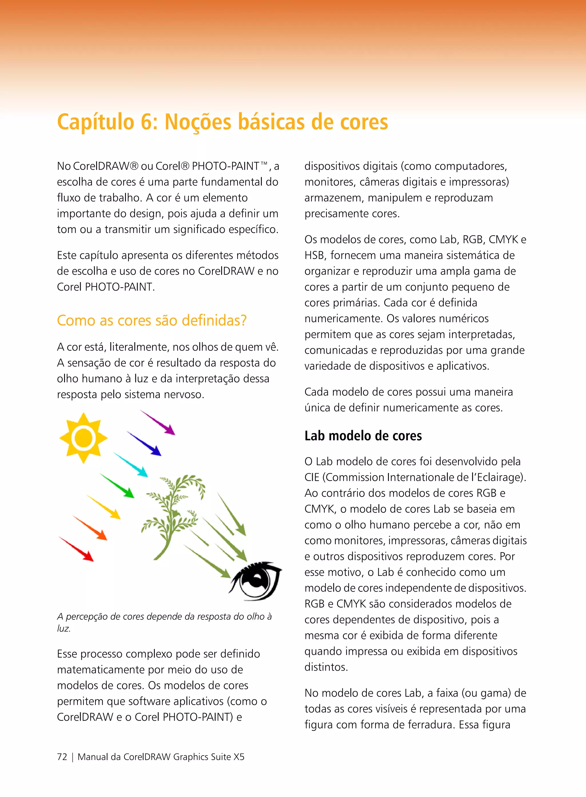 Capítulo 6: Noções básicas de cores
No CorelDRAW® ou Corel® PHOTO-PAINT™, a              dispositivos digitais (como computadores,
escolha de cores é uma parte fundamental do          monitores, câmeras digitais e impressoras)
fluxo de trabalho. A cor é um elemento               armazenem, manipulem e reproduzam
importante do design, pois ajuda a definir um        precisamente cores.
tom ou a transmitir um significado específico.
                                                     Os modelos de cores, como Lab, RGB, CMYK e
Este capítulo apresenta os diferentes métodos        HSB, fornecem uma maneira sistemática de
de escolha e uso de cores no CorelDRAW e no          organizar e reproduzir uma ampla gama de
Corel PHOTO-PAINT.                                   cores a partir de um conjunto pequeno de
                                                     cores primárias. Cada cor é definida
Como as cores são definidas?                         numericamente. Os valores numéricos
                                                     permitem que as cores sejam interpretadas,
A cor está, literalmente, nos olhos de quem vê.      comunicadas e reproduzidas por uma grande
A sensação de cor é resultado da resposta do         variedade de dispositivos e aplicativos.
olho humano à luz e da interpretação dessa
resposta pelo sistema nervoso.                       Cada modelo de cores possui uma maneira
                                                     única de definir numericamente as cores.

                                                     Lab modelo de cores
                                                     O Lab modelo de cores foi desenvolvido pela
                                                     CIE (Commission Internationale de l’Eclairage).
                                                     Ao contrário dos modelos de cores RGB e
                                                     CMYK, o modelo de cores Lab se baseia em
                                                     como o olho humano percebe a cor, não em
                                                     como monitores, impressoras, câmeras digitais
                                                     e outros dispositivos reproduzem cores. Por
                                                     esse motivo, o Lab é conhecido como um
                                                     modelo de cores independente de dispositivos.
                                                     RGB e CMYK são considerados modelos de
A percepção de cores depende da resposta do olho à   cores dependentes de dispositivo, pois a
luz.
                                                     mesma cor é exibida de forma diferente
Esse processo complexo pode ser definido             quando impressa ou exibida em dispositivos
matematicamente por meio do uso de                   distintos.
modelos de cores. Os modelos de cores
                                                     No modelo de cores Lab, a faixa (ou gama) de
permitem que software aplicativos (como o
                                                     todas as cores visíveis é representada por uma
CorelDRAW e o Corel PHOTO-PAINT) e
                                                     figura com forma de ferradura. Essa figura

72 | Manual da CorelDRAW Graphics Suite X5
 