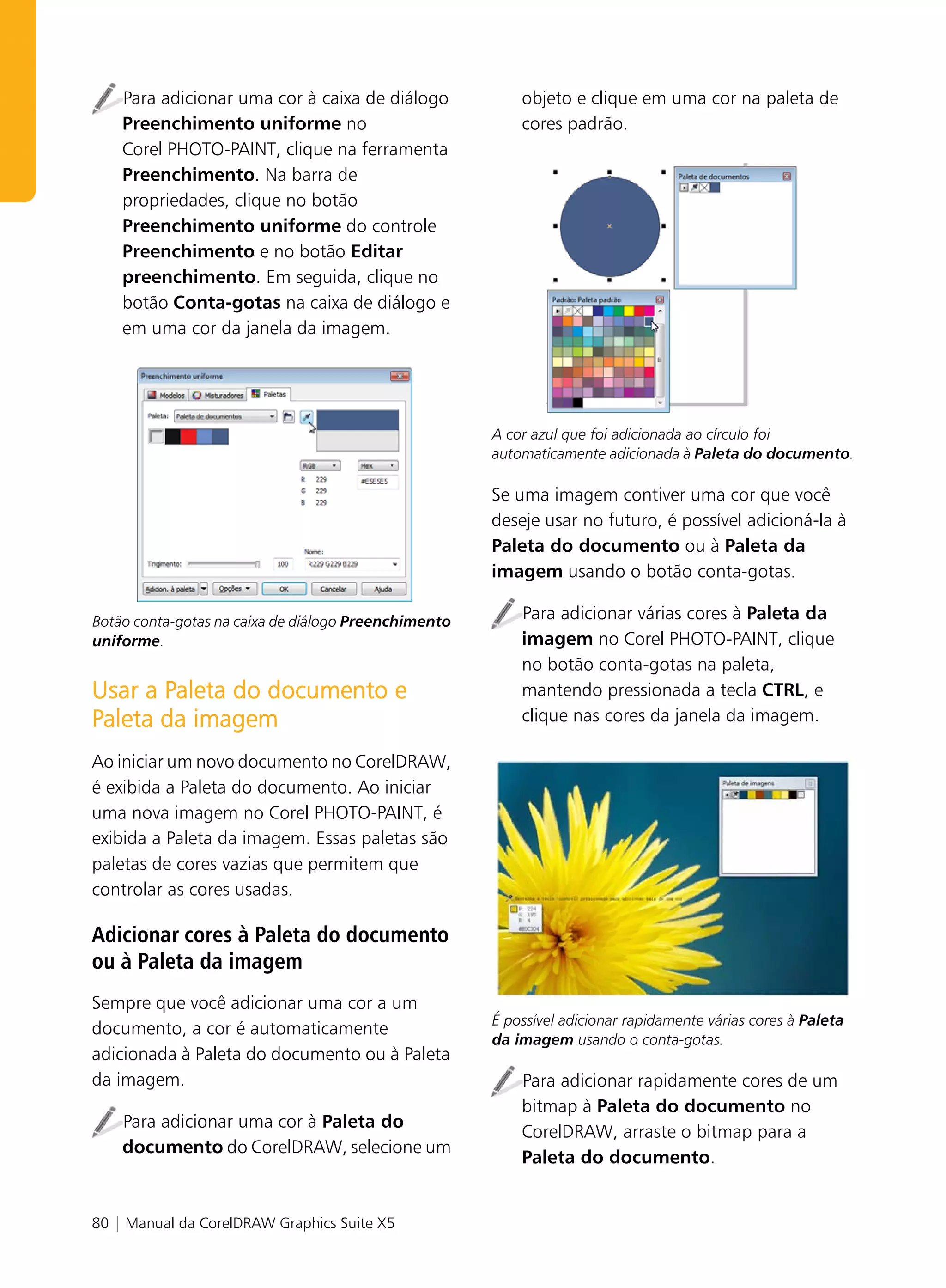 Para adicionar uma cor à caixa de diálogo             objeto e clique em uma cor na paleta de
    Preenchimento uniforme no                             cores padrão.
    Corel PHOTO-PAINT, clique na ferramenta
    Preenchimento. Na barra de
    propriedades, clique no botão
    Preenchimento uniforme do controle
    Preenchimento e no botão Editar
    preenchimento. Em seguida, clique no
    botão Conta-gotas na caixa de diálogo e
    em uma cor da janela da imagem.




                                                      A cor azul que foi adicionada ao círculo foi
                                                      automaticamente adicionada à Paleta do documento.

                                                      Se uma imagem contiver uma cor que você
                                                      deseje usar no futuro, é possível adicioná-la à
                                                      Paleta do documento ou à Paleta da
                                                      imagem usando o botão conta-gotas.

Botão conta-gotas na caixa de diálogo Preenchimento       Para adicionar várias cores à Paleta da
uniforme.                                                 imagem no Corel PHOTO-PAINT, clique
                                                          no botão conta-gotas na paleta,
Usar a Paleta do documento e                              mantendo pressionada a tecla CTRL, e
Paleta da imagem                                          clique nas cores da janela da imagem.

Ao iniciar um novo documento no CorelDRAW,
é exibida a Paleta do documento. Ao iniciar
uma nova imagem no Corel PHOTO-PAINT, é
exibida a Paleta da imagem. Essas paletas são
paletas de cores vazias que permitem que
controlar as cores usadas.

Adicionar cores à Paleta do documento
ou à Paleta da imagem
Sempre que você adicionar uma cor a um
                                                      É possível adicionar rapidamente várias cores à Paleta
documento, a cor é automaticamente
                                                      da imagem usando o conta-gotas.
adicionada à Paleta do documento ou à Paleta
da imagem.                                                Para adicionar rapidamente cores de um
                                                          bitmap à Paleta do documento no
    Para adicionar uma cor à Paleta do
                                                          CorelDRAW, arraste o bitmap para a
    documento do CorelDRAW, selecione um
                                                          Paleta do documento.


80 | Manual da CorelDRAW Graphics Suite X5
 