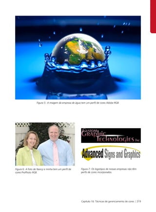 Figura 5: A imagem da empresa de água tem um perfil de cores Adobe RGB.




Figura 6: A foto de Nancy e minha tem um perfil de       Figura 7: Os logotipos de nossas empresas não têm
cores ProPhoto RGB.                                      perfis de cores incorporados.




                                                         Capítulo 16: Técnicas de gerenciamento de cores | 219
 