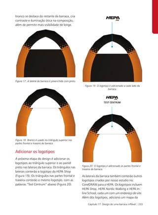 branco se destaca do restante da barraca, cria
contraste e iluminação ótica na composição,
além de permitir mais visibilidade de longe.




Figura 17: A lateral da barraca é preenchida com preto.
                                                            Figura 19: O logotipo é adicionado a cada lado da
                                                                                 barraca.




Figura 18: Branco é usado no triângulo superior nas
partes frontal e traseira da barraca.


Adicionar os logotipos
A próxima etapa do design é adicionar os
logotipos ao triângulo superior e ao painel
                                                          Figura 20: O logotipo é adicionado às partes frontal e
preto nas laterais da barraca. Os triângulos nas
                                                          traseira da barraca.
laterais conterão o logotipo da HEPA Shop
(Figura 19). Os triângulos nas partes frontal e           As laterais da barraca também conterão outros
traseira conterão o mesmo logotipo, com as                logotipos criados por nosso estúdio no
palavras “Test Centrum” abaixo (Figura 20).               CorelDRAW para a HEPA. Os logotipos incluem
                                                          HEPA Shop, HEPA Nordic Walking e HEPA In-
                                                          line School, cada um com um endereço de site.
                                                          Além dos logotipos, adiciono um mapa da

                                                               Capítulo 17: Design de uma barraca inflável | 233
 