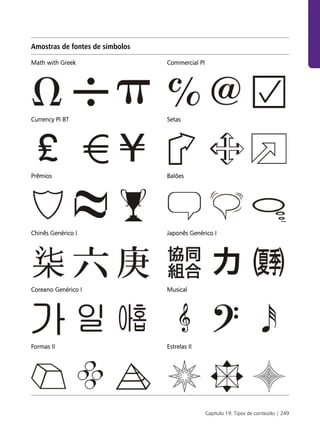 Amostras de fontes de símbolos

Math with Greek                  Commercial PI




Currency PI BT                   Setas




Prêmios                          Balões




Chinês Genérico I                Japonês Genérico I




Coreano Genérico I               Musical




Formas II                        Estrelas II




                                                 Capítulo 19: Tipos de conteúdo | 249
 