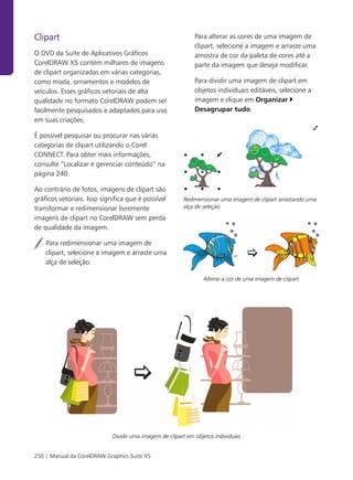 Clipart                                                       Para alterar as cores de uma imagem de
                                                              clipart, selecione a imagem e arraste uma
O DVD da Suíte de Aplicativos Gráficos                        amostra de cor da paleta de cores até a
CorelDRAW X5 contém milhares de imagens                       parte da imagem que deseja modificar.
de clipart organizadas em várias categorias,
como moda, ornamentos e modelos de                            Para dividir uma imagem de clipart em
veículos. Esses gráficos vetoriais de alta                    objetos individuais editáveis, selecione a
qualidade no formato CorelDRAW podem ser                      imagem e clique em Organizar
facilmente pesquisados e adaptados para uso                   Desagrupar tudo.
em suas criações.

É possível pesquisar ou procurar nas várias
categorias de clipart utilizando o Corel
CONNECT. Para obter mais informações,
consulte “Localizar e gerenciar conteúdo” na
página 240.

Ao contrário de fotos, imagens de clipart são
gráficos vetoriais. Isso significa que é possível        Redimensionar uma imagem de clipart arrastando uma
transformar e redimensionar livremente                   alça de seleção

imagens de clipart no CorelDRAW sem perda
de qualidade da imagem.

    Para redimensionar uma imagem de
    clipart, selecione a imagem e arraste uma
    alça de seleção.

                                                                 Alterar a cor de uma imagem de clipart

.




                             Dividir uma imagem de clipart em objetos individuais


250 | Manual da CorelDRAW Graphics Suite X5
 