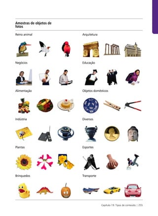 Amostras de objetos de
fotos

Reino animal             Arquitetura




Negócios                 Educação




Alimentação              Objetos domésticos




Indústria                Diversos




Plantas                  Esportes




Brinquedos               Transporte




                                       Capítulo 19: Tipos de conteúdo | 255
 