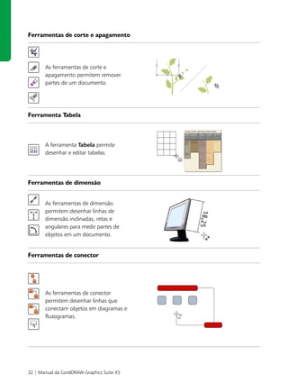 Ferramentas de corte e apagamento




       As ferramentas de corte e
       apagamento permitem remover
       partes de um documento.




Ferramenta Tabela



       A ferramenta Tabela permite
       desenhar e editar tabelas.




Ferramentas de dimensão


       As ferramentas de dimensão
       permitem desenhar linhas de
       dimensão inclinadas, retas e
       angulares para medir partes de
       objetos em um documento.


Ferramentas de conector




       As ferramentas de conector
       permitem desenhar linhas que
       conectam objetos em diagramas e
       fluxogramas.




32 | Manual da CorelDRAW Graphics Suite X5
 