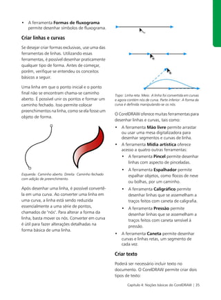 • A ferramenta Formas de fluxograma
  permite desenhar símbolos de fluxograma.

Criar linhas e curvas
Se desejar criar formas exclusivas, use uma das
ferramentas de linhas. Utilizando essas
ferramentas, é possível desenhar praticamente
qualquer tipo de forma. Antes de começar,
porém, verifique se entendeu os conceitos
básicos a seguir.

Uma linha em que o ponto inicial e o ponto
final não se encontram chama-se caminho              Topo: Linha reta. Meio: A linha foi convertida em curvas
aberto. É possível unir os pontos e formar um        e agora contém nós de curva. Parte inferior: A forma da
caminho fechado. Isso permite colocar                curva é definida manipulando-se os nós.
preenchimentos na linha, como se ela fosse um
                                                     O CorelDRAW oferece muitas ferramentas para
objeto de forma.
                                                     desenhar linhas e curvas, tais como:
                                                     • A ferramenta Mão livre permite arrastar
                                                       ou usar uma mesa digitalizadora para
                                                       desenhar segmentos e curvas de linha.
                                                     • A ferramenta Mídia artística oferece
                                                       acesso a quatro outras ferramentas:
                                                         • A ferramenta Pincel permite desenhar
                                                           linhas com aspecto de pinceladas.
                                                         • A ferramenta Espalhador permite
Esquerda: Caminho aberto. Direita: Caminho fechado         espalhar objetos, como flocos de neve
com adição de preenchimento.
                                                           ou bolhas, por um caminho.
Após desenhar uma linha, é possível convertê-            • A ferramenta Caligráfico permite
la em uma curva. Ao converter uma linha em                 desenhar linhas que se assemelham a
uma curva, a linha está sendo reduzida                     traços feitos com caneta de caligrafia.
essencialmente a uma série de pontos,
                                                         • A ferramenta Pressão permite
chamados de "nós". Para alterar a forma da                 desenhar linhas que se assemelham a
linha, basta mover os nós. Converter em curva              traços feitos com caneta sensível à
é útil para fazer alterações detalhadas na
                                                           pressão.
forma básica de uma linha.
                                                     • A ferramenta Caneta permite desenhar
                                                       curvas e linhas retas, um segmento de
                                                       cada vez.

                                                     Criar texto
                                                     Poderá ser necessário incluir texto no
                                                     documento. O CorelDRAW permite criar dois
                                                     tipos de texto:

                                                             Capítulo 4: Noções básicas do CorelDRAW | 35
 