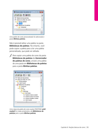 Capítulo 6: Noções básicas de cores | 93
Uma paleta de cores personalizada foi adicionada à
pasta Minhas paletas.
Não é possível editar uma paleta na pasta
Bibliotecas de paletas. No entanto, você
pode copiar a paleta para criar uma paleta
personalizada, que pode ser editada.
Para copiar uma paleta de cores da pasta
Bibliotecas de paletas do Gerenciador
de paletas de cores, arraste uma paleta
de uma pasta em Bibliotecas de paletas
para a pasta Minhas paletas.
Uma cópia da paleta de cores exatas PANTONE solid
coated foi criada arrastando-a de Bibliotecas de
paletas para a pasta Minhas paletas.
 
