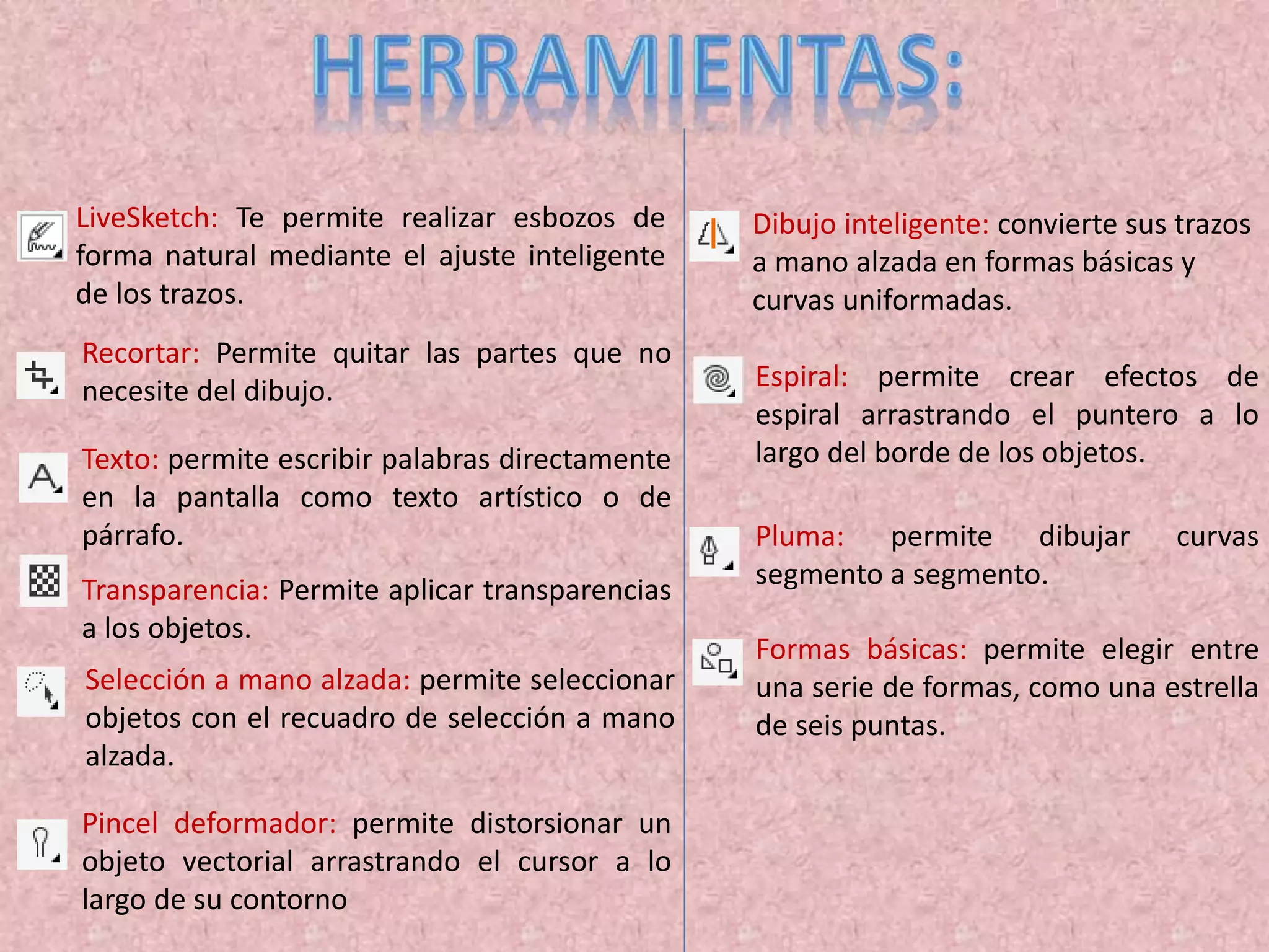 LiveSketch: Te permite realizar esbozos de
forma natural mediante el ajuste inteligente
de los trazos.
Recortar: Permite quitar las partes que no
necesite del dibujo.
Texto: permite escribir palabras directamente
en la pantalla como texto artístico o de
párrafo.
Transparencia: Permite aplicar transparencias
a los objetos.
Selección a mano alzada: permite seleccionar
objetos con el recuadro de selección a mano
alzada.
Pincel deformador: permite distorsionar un
objeto vectorial arrastrando el cursor a lo
largo de su contorno
Dibujo inteligente: convierte sus trazos
a mano alzada en formas básicas y
curvas uniformadas.
Espiral: permite crear efectos de
espiral arrastrando el puntero a lo
largo del borde de los objetos.
Pluma: permite dibujar curvas
segmento a segmento.
Formas básicas: permite elegir entre
una serie de formas, como una estrella
de seis puntas.
 