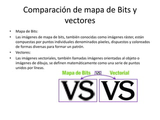 Comparación de mapa de Bits y
vectores
• Mapa de Bits:
• Las imágenes de mapa de bits, también conocidas como imágenes ráster, están
compuestas por puntos individuales denominados píxeles, dispuestos y coloreados
de formas diversas para formar un patrón.
• Vectores:
• Las imágenes vectoriales, también llamadas imágenes orientadas al objeto o
imágenes de dibujo, se definen matemáticamente como una serie de puntos
unidos por líneas.
 