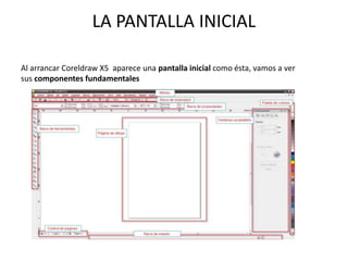 LA PANTALLA INICIAL
Al arrancar Coreldraw X5 aparece una pantalla inicial como ésta, vamos a ver
sus componentes fundamentales
 