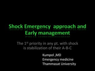 Shock Emergency approach and
      Early management
  The 1st priority in any pt. with shock
     is stabilization of their A-B-C
                 Kumpol ,MD
                 Emergency medicine
                 Thammasat University
 