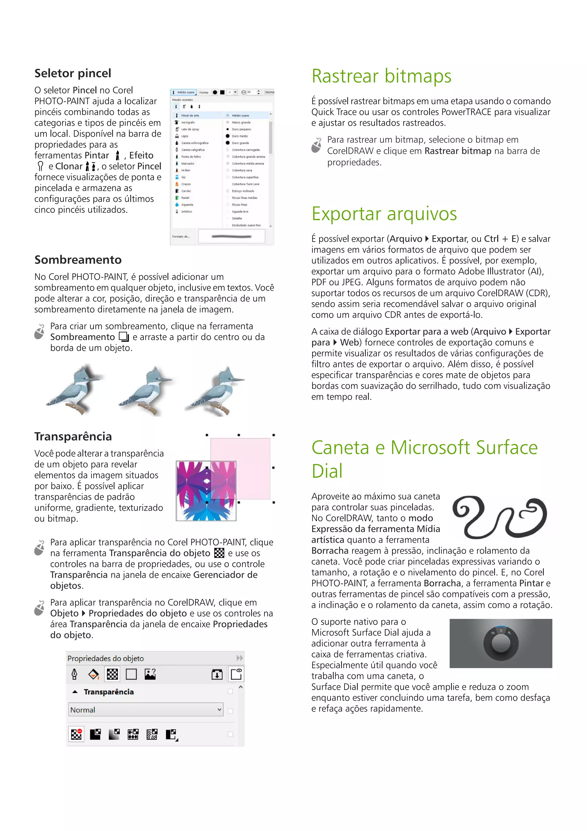 Seletor pincel
O seletor Pincel no Corel
PHOTO-PAINT ajuda a localizar
pincéis combinando todas as
categorias e tipos de pincéis em
um local. Disponível na barra de
propriedades para as
ferramentas Pintar , Efeito
e Clonar , o seletor Pincel
fornece visualizações de ponta e
pincelada e armazena as
configurações para os últimos
cinco pincéis utilizados.
Sombreamento
No Corel PHOTO-PAINT, é possível adicionar um
sombreamento em qualquer objeto, inclusive em textos. Você
pode alterar a cor, posição, direção e transparência de um
sombreamento diretamente na janela de imagem.
Para criar um sombreamento, clique na ferramenta
Sombreamento e arraste a partir do centro ou da
borda de um objeto.
Transparência
Você pode alterar a transparência
de um objeto para revelar
elementos da imagem situados
por baixo. É possível aplicar
transparências de padrão
uniforme, gradiente, texturizado
ou bitmap.
Para aplicar transparência no Corel PHOTO-PAINT, clique
na ferramenta Transparência do objeto e use os
controles na barra de propriedades, ou use o controle
Transparência na janela de encaixe Gerenciador de
objetos.
Para aplicar transparência no CorelDRAW, clique em
Objeto  Propriedades do objeto e use os controles na
área Transparência da janela de encaixe Propriedades
do objeto.
Rastrear bitmaps
É possível rastrear bitmaps em uma etapa usando o comando
Quick Trace ou usar os controles PowerTRACE para visualizar
e ajustar os resultados rastreados.
Para rastrear um bitmap, selecione o bitmap em
CorelDRAW e clique em Rastrear bitmap na barra de
propriedades.
Exportar arquivos
É possível exportar (Arquivo  Exportar, ou Ctrl + E) e salvar
imagens em vários formatos de arquivo que podem ser
utilizados em outros aplicativos. É possível, por exemplo,
exportar um arquivo para o formato Adobe Illustrator (AI),
PDF ou JPEG. Alguns formatos de arquivo podem não
suportar todos os recursos de um arquivo CorelDRAW (CDR),
sendo assim seria recomendável salvar o arquivo original
como um arquivo CDR antes de exportá-lo.
A caixa de diálogo Exportar para a web (Arquivo  Exportar
para  Web) fornece controles de exportação comuns e
permite visualizar os resultados de várias configurações de
filtro antes de exportar o arquivo. Além disso, é possível
especificar transparências e cores mate de objetos para
bordas com suavização do serrilhado, tudo com visualização
em tempo real.
Caneta e Microsoft Surface
Dial
Aproveite ao máximo sua caneta
para controlar suas pinceladas.
No CorelDRAW, tanto o modo
Expressão da ferramenta Mídia
artística quanto a ferramenta
Borracha reagem à pressão, inclinação e rolamento da
caneta. Você pode criar pinceladas expressivas variando o
tamanho, a rotação e o nivelamento do pincel. E, no Corel
PHOTO-PAINT, a ferramenta Borracha, a ferramenta Pintar e
outras ferramentas de pincel são compatíveis com a pressão,
a inclinação e o rolamento da caneta, assim como a rotação.
O suporte nativo para o
Microsoft Surface Dial ajuda a
adicionar outra ferramenta à
caixa de ferramentas criativa.
Especialmente útil quando você
trabalha com uma caneta, o
Surface Dial permite que você amplie e reduza o zoom
enquanto estiver concluindo uma tarefa, bem como desfaça
e refaça ações rapidamente.
 
