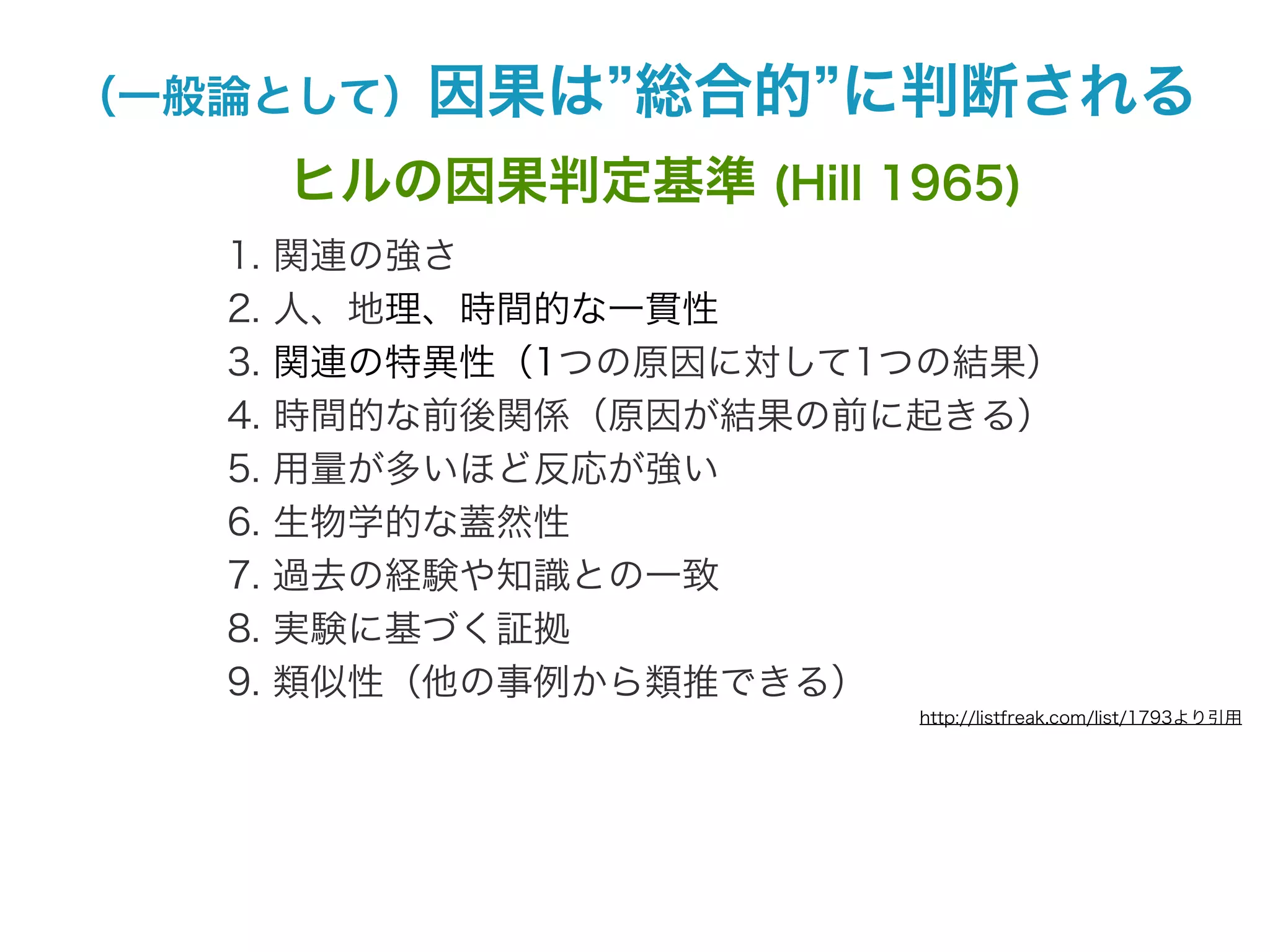 （一般論として）因果は       総合的 に判断される
        ヒルの因果判定基準 (Hill 1965)
   1.   関連の強さ
   2.   人、地理、時間的な一貫性
   3.   関連の特異性（1つの原因に対して1つの結果）
   4.   時間的な前後関係（原因が結果の前に起きる）
   5.   用量が多いほど反応が強い
   6.   生物学的な蓋然性
   7.   過去の経験や知識との一致
   8.   実験に基づく証拠
   9.   類似性（他の事例から類推できる）
                          http://listfreak.com/list/1793より引用
 