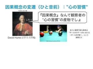 因果概念の変遷（ひと昔前）： 心の習慣
        千昌夫に似て蝶



                         『因果概念』なんて観察者の
              しれっ         心の習慣 の産物でしょ

                                                             我々に観察可能な事実は
                                                            「ボールAがボールBに当たる
                                                             →ボールBが動く」という
David Hume (1711-1776)                                           連関だけ

                           http://www.sxc.hu/photo/478133
 