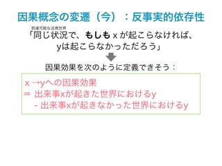 因果概念の変遷（今）：反事実的依存性
 到達可能な近傍世界

「同じ状況で、もしもｘが起こらなければ、
    yは起こらなかっただろう」

    因果効果を次のように定義できそう：

ｘ→yへの因果効果
＝ 出来事xが起きた世界におけるy
  - 出来事xが起きなかった世界におけるy
 