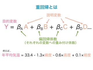 重回帰とは
                   説明変数
目的変数
 Y = β A + βB B + βC C + βD D...
      A


                偏回帰係数
         （それぞれの変数への重み付け係数）

例えば...

年平均気温 = 33.4 - 1.3 緯度 - 0.6 高度 + 0.1 経度
 