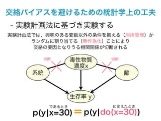 交絡バイアスを避けるための統計学上の工夫
- 実験計画法に基づき実験する
実験計画法では、興味のある変数以外の条件を揃える（局所管理）か
     ランダムに割り当てる（無作為化）ことにより
     交絡の要因となりうる相関関係が切断される

       切断         毒性物質    切断
                   濃度x
     系統                        齢



                  生存率 y
          であるとき           に変えたとき

     p(y¦x=30) ＝ p(y¦do(x=30))
 