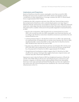 CoreLogic® 2011 Natural Hazard Risk Summary and Analysis




    Implications and Projections
    Based on flood losses from the various catastrophic events that occurred in 2011,
    flooding and storm events recorded in the NCDC climate event database and the
    consideration of other related factors, CoreLogic estimates the 201 U.S. flood-related
                                                                       1
    losses at approximately $10.67 billion.

    Combining this 201 estimation with more than 100 years’ historical data reveals a
                          1
    fluctuating trend in flood losses with a cyclical climate pattern over time. Figure 3
    illustrates both the characteristics of recorded U.S. flood losses since 1900 and a projected
    trend curve, which aligns directly with the historical data. Fluctuation of flood loss trend
    data lends itself to a number of forecasts for the possible magnitude of national flood loss
    in 2012:
      ►   Based on the trend pattern, 2012 should not be an extreme flood year. In fact,
          2012 is the seventh year after the 2005 catastrophic event Hurricane Katrina, and
          according to the flood loss trend, there should be several more years before the next
          extreme flood loss year.
      ►   As demonstrated in Figure 3, the flood loss trend curve at 201 is the upward side
                                                                        1
          of a small peak (the second peak after an extreme year), therefore the curve in 2012
          should potentially continue downhill. In other words, the U.S. flood loss level in
          2012 should be lower than the loss level in 2011.
      ►   By using a loss reduction ratio from two previous second peaks after extreme years
          (1972 and 1993), and considering the forecast for the next 20-year average flood
          loss, the projected U.S. flood loss in 2012 is approximately $3.53 billion.
      ►   Though historical trend pattern analysis suggests that U.S. flood loss for 2012
          should not be extreme, CoreLogic data suggests hurricanes, tropical storms, and
          tsunamis may affect flood totals significantly.

    Important to note is that the floods of 201 have heightened awareness of flood risk
                                               1
    outside of the FEMA 100-year flood zones and will put pressure on businesses and
    insurance companies to develop a better understanding of flood-risk vulnerability.
    Hurricane storm surge potential and inland flooding this year have also emphasized
    the need to raise the current flood protection standard for the critical and strategic
    infrastructures in the U.S.




4                                                                               ©2011 CoreLogic, Inc.
 