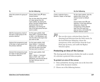 To                                 Do the following                      To                              Do the following

Select the content of a group of   Choose Select menu        Select      Create a selection from a       On the Layers palette, click the
layers                             Group Content.                        Dynamic, Shape, or Text layer   palette menu arrow, and
                                   You can also select the content                                       choose Convert to Default
                                   of a layer group from the                                             Layer.
                                   Layers palette, by clicking the                                       Choose Select menu Load
                                   group, and then holding down                                          Selection. In the Load Selection
                                   Command (Mac) or Ctrl                                                 dialog box, choose the
                                   (Windows), and clicking the                                           transparency of the selected
                                   title of the layer group that you                                     layer from the Load From
                                   want to select.                                                       pop-up menu, and enable the
                                                                                                         Replace Selection option.
Add the transparency mask of       On the Layers palette, hold
the layer or layer group to the    down Shift + Command (Mac)
previous selection                 or Shift + Ctrl (Windows), and                You can also create a selection from a layer by
                                   click the titles of the layers that           choosing Load Selection from the Select menu. In
                                   you want to add.
                                                                                 the Load Selection dialog box, choose the
Subtract the transparency mask     On the Layers palette, hold                   transparency of the selected layer from the Load
of the layer or layer group from   down Option + Command                         From pop-up menu, and enable the Replace
the previous selection             (Mac) or Alt + Ctrl (Windows),
                                   and click the title of the layer
                                                                                 Selection option.
                                   that you want to subtract.
                                                                         Protecting an Area of the Canvas
Intersect the transparency mask    On the Layers palette, hold
of a layer or layer group with     down                                  The drawing mode determines whether the inside or outside
the previous selection             Shift + Option + Command
                                   (Mac) or Shift +Alt + Ctrl
                                                                         of a selection is protected when you paint.
                                   (Windows), and click the title of
                                   the layer that you want to            To protect an area of the canvas
                                   intersect.
                                                                         1 Click and hold the drawing mode icon in the lower-left
                                                                           corner of the document window.
                                                                         2 Choose one of the following buttons:



Selections and Transformations                                                                                                          229
 