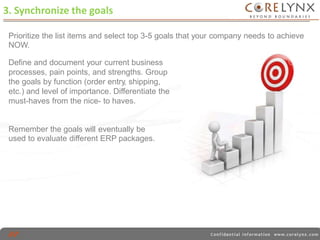 3. Synchronize the goals 
Prioritize the list items and select top 3-5 goals 
NOW. 
that your company needs to achieve 
Define and document your current business 
processes, pain points, and strengths. Group 
the goals by function (order entry, shipping, 
etc.) and level of importance. Differentiate the 
must-haves from the nice- to haves. 
Remember the goals will eventually be 
used to evaluate different ERP packages. 
 