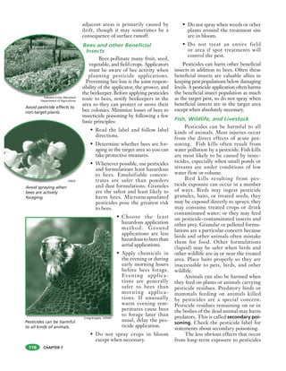CHAPTER 7
adjacent areas is primarily caused by
drift, though it may sometimes be a
consequence of surface runoff.
Bees and other Beneficial
Insects
Bees pollinate many fruit, seed,
vegetable, and field crops. Applicators
must be aware of bee activity when
planning pesticide applications.
Preventing bee loss is the joint respon-
sibility of the applicator, the grower, and
the beekeeper. Before applying pesticides
toxic to bees, notify beekeepers in the
area so they can protect or move their
bee colonies. Minimize losses of bees to
insecticide poisoning by following a few
basic principles:
• Read the label and follow label
directions.
• Determine whether bees are for-
aging in the target area so you can
take protective measures.
• Whenever possible, use pesticides
and formulations least hazardous
to bees. Emulsifiable concen-
trates are safer than powders
and dust formulations. Granules
are the safest and least likely to
harm bees. Microencapsulated
pesticides pose the greatest risk
to bees.
• Choose the least
hazardous application
method. Ground
applications are less
hazardoustobeesthan
aerial applications.
• Apply chemicals in
the evening or during
early morning hours
before bees forage.
Evening applica-
tions are generally
safer to bees than
morning applica-
tions. If unusually
warm evening tem-
peratures cause bees
to forage later than
usual, delay the pes-
ticide application.
• Do not spray crops in bloom
except when necessary.
• Do not spray when weeds or other
plants around the treatment site
are in bloom.
• Do not treat an entire field
or area if spot treatments will
control the pest.
Pesticides can harm other beneficial
insects in addition to bees. Often these
beneficial insects are valuable allies in
keeping pest populations below damaging
levels. A pesticide application often harms
the beneficial insect population as much
as the target pest, so do not spray when
beneficial insects are in the target area
except when absolutely necessary.
Fish, Wildlife, and Livestock
Pesticides can be harmful to all
kinds of animals. Most injuries occur
from the direct effects of acute poi-
soning. Fish kills often result from
water pollution by a pesticide. Fish kills
are most likely to be caused by insec-
ticides, especially when small ponds or
streams are under conditions of low
water flow or volume.
Bird kills resulting from pes-
ticide exposure can occur in a number
of ways. Birds may ingest pesticide
granules, baits, or treated seeds; they
may be exposed directly to sprays; they
may consume treated crops or drink
contaminated water; or they may feed
on pesticide-contaminated insects and
other prey. Granular or pelleted formu-
lations are a particular concern because
birds and other animals often mistake
them for food. Other formulations
(liquid) may be safer when birds and
other wildlife are in or near the treated
area. Place baits properly so they are
inaccessible to pets, birds, and other
wildlife.
Animals can also be harmed when
they feed on plants or animals carrying
pesticide residues. Predatory birds or
mammals feeding on animals killed
by pesticides are a special concern.
Pesticide residues remaining on or in
the bodies of the dead animal may harm
predators. This is called secondary poi-
soning. Check the pesticide label for
statements about secondary poisoning.
The less obvious effects that occur
from long-term exposure to pesticides
118
Avoid pesticide effects to
non-target plants.
USDA
ba
USDA
Avoid spraying when
bees are actively
foraging.
co
B
I
P
sib
th
to
Pesticides can be harmful
to all kinds of animals.
Craig Koppie, USFWS
Edward Crow, Maryland
Department of Agriculture
 