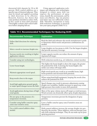 PESTICIDE APPLICATION PROCEDURES
downwind drift deposits by 50 to 80
percent. Drift control additives are a
specific type of chemical adjuvant. They
must be mixed and applied according
to label directions to be effective.
Research, however, has shown that
some products intended to reduce drift,
in fact, result in more drift potential.
Thoroughly evaluate drift control addi-
tives before adopting full use.
Using approved application tech-
niques and adopting new technologies
designed to reduce spray drift can
improve the performance of spray
mixes, benefit the environment, and be
more cost-effective. Any one practice
used alone may not sufficiently reduce
drift. Therefore, incorporate as many
drift-reduction techniques as practical
into your spray program (Table 11.1).
Recommended Technique Explanation
Follow label directions for reducing
drift.
Read the label and reference the nozzle manufacturer’s guide
to determine which nozzle and pressure combinations are
needed.
Select a nozzle to increase droplet size.
Large droplets are less prone to drift. Use the largest droplets
that provide necessary coverage.
Increase nozzle size resulting in higher
application volumes.
Larger capacity nozzles can reduce the amount of spray
deposited off-target.
Consider using new technologies. Drift-reduction nozzles (e.g., air-induction, venturi nozzles).
Lower boom height.
The higher the boom height is above the target, the greater
the potential for drift. Lowering the boom height a few
inches can reduce off-target drift.
Maintain appropriate travel speed.
High travel speeds may result in an unstable boom, high
boom positions and increased drift potential.
Keep nozzle close to the target.
When using hand-held equipment, keeping the nozzle close
reduces the potential for drift.
Avoid high application ground speeds
or major speed changes across the field.
Speed changes may result in pressure adjustments causing
droplet size variability. Sudden increases in speed may create
high pressure that results in more drift potential.
Avoid applications during times of high
wind speeds.
More of the spray volume moves off-target as wind increases.
Wind currents can drastically affect spray droplet deposition.
Do not spray in the presence of a
temperature inversion.
Temperature inversions prevent the dissipation of spray
particles.
Consider using buffer zones/no-spray
zones near sensitive areas.
Leave a buffer zone/no-spray zone if sensitive areas are
downwind.
Use a drift-control additive when
needed.
Drift-control additives increase the average droplet size pro-
duced by the nozzles. These additives, must not become your
only drift reducing technique. They do not make up for poor
spraying practices.
Table 11.1. Recommended Techniques for Reducing Drift
173
 