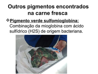Outros pigmentos encontrados
na carne fresca
Pigmento verde sulfomioglobina:
Combinação da mioglobina com ácido
sulfídrico (H2S) de origem bacteriana.
 