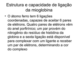 Estrutura e capacidade de ligação
da mioglobina
• O átomo ferro tem 6 ligações
coordenadas, capazes de aceitar 6 pares
de elétrons. Quatro pares de elétrons vêm
do anel porfirínico; um par provém do
nitrogênio do resíduo de histidina da
globina e a sexta ligação está disponível
para complexar com um ligante e receber
um par de elétrons, determinando a cor
do complexo
 