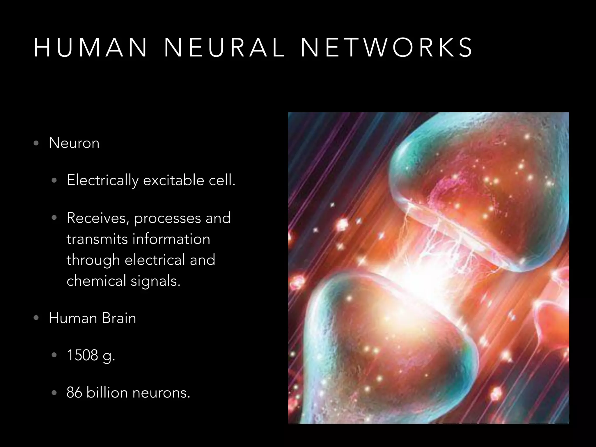 H U M A N N E U R A L N E T W O R K S
• Neuron
• Electrically excitable cell.
• Receives, processes and
transmits information
through electrical and
chemical signals.
• Human Brain
• 1508 g.
• 86 billion neurons.
 