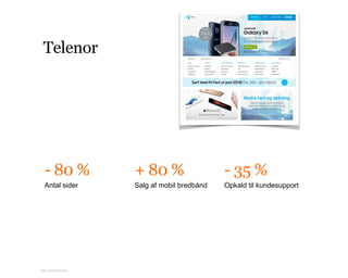 - 80 % + 80 % - 35 %
Antal sider Salg af mobil bredbånd Opkald til kundesupport
Telenor
Kilde: Netlife Research
 