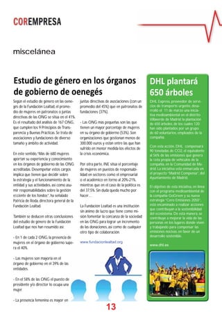 13
Estudio de género en los órganos
de gobierno de oenegés
miscelánea
Según el estudio de género en las oene-
gés de la Fundación Lealtad, el prome-
dio de mujeres en patronatos o juntas
directivas de las ONG se sitúa en el 41%.
Es el resultado del análisis de 167 ONG,
que cumplen los 9 Principios deTrans-
parencia y Buenas Prácticas. Se trata de
asociaciones y fundaciones de diverso
tamaño y ámbito de actividad.
En este sentido,“Más de 680 mujeres
aportan su experiencia y conocimiento
en los órganos de gobierno de las ONG
acreditadas. Desempeñar estos cargos
implica que tienen que decidir sobre
la estrategia y el funcionamiento de la
entidad y sus actividades, así como asu-
mir responsabilidades sobre la gestión
eﬁciente de los fondos”, ha señalado
Patricia de Roda, directora general de la
Fundación Lealtad.
También se deducen otras conclusiones
del estudio de género de la Fundación
Lealtad que nos han resumido así:
- En 1 de cada 2 ONG, la presencia de
mujeres en el órgano de gobierno supe-
ra el 40%.
- Las mujeres son mayoría en el
órgano de gobierno en el 39% de las
entidades.
- En el 58% de las ONG el puesto de
presidente y/o director lo ocupa una
mujer.
- La presencia femenina es mayor en
juntas directivas de asociaciones (con un
promedio del 45%) que en patronatos de
fundaciones (37%).
- Las ONG más pequeñas son las que
tienen un mayor porcentaje de mujeres
en su órgano de gobierno (53%). Son
organizaciones que gestionan menos de
300.000 euros y están entre las que han
sufrido en menor medida los efectos de
la crisis económica.
Por otra parte, INE sitúa el porcentaje
de mujeres en puestos de responsabi-
lidad en sectores como el empresarial
o el académico en torno al 20%-21%,
mientras que en el caso de la política es
del 37,5%. Sin duda queda mucho por
hacer…
La Fundación Lealtad es una institución
sin ánimo de lucro que tiene como mi-
sión fomentar la conﬁanza de la sociedad
en las ONG para lograr un incremento
de las donaciones, así como de cualquier
otro tipo de colaboración.
www.fundacionlealtad.org
DHL Express, proveedor de servi-
cios de transporte urgente, desa-
rrolló el 11 de marzo una inicia-
tiva medioambiental en el distrito
Villaverde de Madrid: la plantación
de 650 árboles, de los cuales 120
han sido plantados por un grupo
de 60 voluntarios, empleados de la
compañía.
Con esta acción, DHL compensará
90 toneladas de CO2, el equivalente
al 56% de las emisiones que genera
la ﬂota propia de vehículos de la
compañía, en la Comunidad de Ma-
drid. La iniciativa está enmarcada en
el proyecto “Madrid Compensa”, del
Ayuntamiento de Madrid.
El objetivo de esta iniciativa, en línea
con el programa medioambiental de
la compañía GoGreen y su nueva
estrategia “Cero Emisiones 2050”,
está encaminado a realizar acciones
que contribuyan a la sostenibilidad
del ecosistema. De esta manera, se
contribuye a mejorar la vida de las
personas en los lugares donde viven
y trabajando para compensar las
emisiones nocivas, en favor de un
desarrollo sostenible.
www.dhl.es
DHL plantará
650 árboles
 