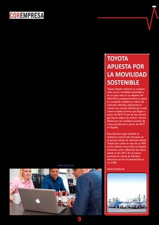 9
El trabajo flexible contribuye a la
sostenibilidad
Fuentes autorizadas por Regus, explican
que un incremento del trabajo flexi-
ble reduciría los niveles de dióxido de
carbono en 214 millones de toneladas
al año para el 2030. Esta es la principal
conclusión de un nuevo estudio de esta
reconocida firma, proveedora global de
espacios de trabajo.
Este análisis, realizado por investiga-
dores independientes, ha revelado que
si aumentara el uso de espacios de
trabajo flexible, los profesionales podrían
ahorrar 3.530 millones de horas de
desplazamiento al trabajo cada año hasta
el 2030.Asimismo, la cantidad de dióxido
de carbono que se reduciría gracias a
esta disminución de horas invertidas en
desplazarse al trabajo es equivalente al
carbono que absorberían 5.500 millones
de árboles en un periodo de 10 años.
Regus también ha calculado cuál sería el
impacto que tendría de ahora a 2030 el
impulso de los espacios de trabajo flexi-
bles. El estudio ha analizado 16 países de
todo el mundo, pronosticando que un
aumento del trabajo flexible contribuiría
en más de 8,6 billones de euros a la
economía global para el 2030.
“El trabajo flexible contribuye a cumplir los
objetivos del cambio climático del Programa de
las Naciones Unidas para el Ambiente”, afirma
Philippe Jiménez, country manager de
Regus en España.
En la misma línea: “El mundo necesitaría
reducir anualmente sus emisiones de gases de
efecto invernadero entre 12.000 y 14.000 millones
de toneladas métricas para 2030, y así disminuir
el calentamiento global en 2 grados Celsius. Ade-
más, permitiendo que los profesionales puedan
trabajar en una ubicación más cercana a sus ca-
sas, y eliminando la utilización del transporte para
desplazarse a sus puestos de trabajo, se aho-
rrarían millones de toneladas de CO2 cada año.
De hecho, como el ecosistema en el que vivimos
está en crisis, se antoja fundamental ofrecer una
forma de trabajo flexible de manera urgente para
beneficiar al funcionamiento de nuestro planeta”,
añade Jiménez.
Regus es un reconocido proveedor de
espacios de trabajo, con una red desti-
nada a las personas y las empresas con
oficinas, salas de reuniones y espacios
de coworking con presencia en todas las
ciudades del mundo.
www.regus.es
Toyota España refuerza su compro-
miso con la movilidad sostenible y
da un paso más en su objetivo de
electrificar progresivamente su gama.
La compañía ampliará su oferta de
vehículos híbridos ofreciendo al
menos una versión híbrida para cada
nuevo modelo turismo que llegue a
partir de 2019. Fruto de esa estrate-
gia,Toyota dejará de ofrecer versión
diésel para los modelos turismo de
nueva producción a partir de 2019
en España.
Esta decisión sigue también la
tendencia natural del mercado, en
el que las ventas de vehículos diésel
Toyota han caído en más de un 40%
en los últimos cinco años en España,
tomando como referencia los datos
desde el año 2013. En el mismo
periodo, las ventas de híbridos
eléctricos se han incrementado en
un 418%.
www.toyota.es
TOYOTA
APUESTA POR
LA MOVILIDAD
SOSTENIBLE
miscelánea
 