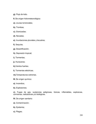 200
g). Flujo de lodo.
II. De origen hidrometeorológico:
a). Lluvias torrenciales;
b). Trombas;
c). Granizadas;
d). Nevadas;
e). Inundaciones pluviales y lacustres;
f). Sequías;
g). Desertificación;
h). Depresión tropical;
i). Tormentas;
j). Huracanes;
k).Vientos fuertes;
l). Tormentas eléctricas;
m).Temperaturas extremas.
III. De origen químico:
a). Incendios;
b). Explosiones;
c). Fugas de gas, sustancias peligrosas, tóxicas, inflamables, explosivas,
corrosivas, radioactivas y/o biológicas.
IV. De origen sanitario:
a). Contaminación;
b). Epidemia;
c). Plagas;
 