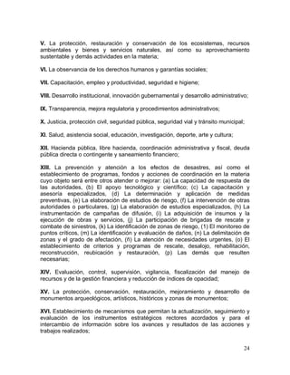 24
V. La protección, restauración y conservación de los ecosistemas, recursos
ambientales y bienes y servicios naturales, así como su aprovechamiento
sustentable y demás actividades en la materia;
VI. La observancia de los derechos humanos y garantías sociales;
VII. Capacitación, empleo y productividad, seguridad e higiene;
VIII. Desarrollo institucional, innovación gubernamental y desarrollo administrativo;
IX. Transparencia, mejora regulatoria y procedimientos administrativos;
X. Justicia, protección civil, seguridad pública, seguridad vial y tránsito municipal;
XI. Salud, asistencia social, educación, investigación, deporte, arte y cultura;
XII. Hacienda pública, libre hacienda, coordinación administrativa y fiscal, deuda
pública directa o contingente y saneamiento financiero;
XIII. La prevención y atención a los efectos de desastres, así como el
establecimiento de programas, fondos y acciones de coordinación en la materia
cuyo objeto será entre otros atender o mejorar: (a) La capacidad de respuesta de
las autoridades, (b) El apoyo tecnológico y científico; (c) La capacitación y
asesoría especializados, (d) La determinación y aplicación de medidas
preventivas, (e) La elaboración de estudios de riesgo, (f) La intervención de otras
autoridades o particulares, (g) La elaboración de estudios especializados, (h) La
instrumentación de campañas de difusión, (i) La adquisición de insumos y la
ejecución de obras y servicios, (j) La participación de brigadas de rescate y
combate de siniestros, (k) La identificación de zonas de riesgo, (1) El monitoreo de
puntos críticos, (m) La identificación y evaluación de daños, (n) La delimitación de
zonas y el grado de afectación, (ñ) La atención de necesidades urgentes, (o) El
establecimiento de criterios y programas de rescate, desalojo, rehabilitación,
reconstrucción, reubicación y restauración, (p) Las demás que resulten
necesarias;
XIV. Evaluación, control, supervisión, vigilancia, fiscalización del manejo de
recursos y de la gestión financiera y reducción de índices de opacidad;
XV. La protección, conservación, restauración, mejoramiento y desarrollo de
monumentos arqueológicos, artísticos, históricos y zonas de monumentos;
XVI. Establecimiento de mecanismos que permitan la actualización, seguimiento y
evaluación de los instrumentos estratégicos rectores acordados y para el
intercambio de información sobre los avances y resultados de las acciones y
trabajos realizados;
 