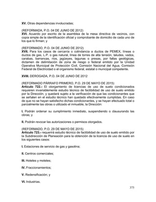 375
XV. Otras dependencias involucradas;
(REFORMADA, P.O. 04 DE JUNIO DE 2012)
XVI. Acuerdo por escrito de la asamblea de la mesa directiva de vecinos, con
copia simple de la identificación oficial y comprobante de domicilio de cada uno de
los que lo firman; y
(REFORMADO, P.O. 04 DE JUNIO DE 2012)
XVII. Para los casos de cercanía o colindancia a ductos de PEMEX, líneas o
ductos de gas, L.P. o gas natural, línea de torres de alta tensión, taludes, vados,
carabas, barrancas, ríos, jagüeyes, lagunas o presas, por fallas geológicas,
dictamen de delimitación de zona de riesgo o federal emitido por la Unidad
Operativa Municipal de Protección Civil, Comisión Nacional del Agua, Comisión
Federal de Electricidad o el organismo federal, estatal o municipal competente.
XVIII. DEROGADA, P.O. 04 DE JUNIO DE 2012
(REFORMADO PÁRRAFO PRIMERO, P.O. 29 DE MAYO DE 2015)
Artículo 722.- El otorgamiento de licencias de uso de suelo condicionados
requieren invariablemente estudio técnico de factibilidad de uso de suelo emitido
por la Dirección, y quedará sujeto a la verificación de que las condicionantes que
se señalen en el estudio técnico han quedado efectivamente cumplidas. En caso
de que no se hayan satisfecho dichas condicionantes, y se hayan efectuado total o
parcialmente las obras o utilizado el inmueble, la Dirección:
I. Podrán ordenar su cumplimiento inmediato, suspendiendo o clausurando las
obras; y
II. Podrán revocar las autorizaciones o permisos otorgados.
(REFORMADO, P.O. 29 DE MAYO DE 2015)
Artículo 723.- requerirá estudio técnico de factibilidad de uso de suelo emitido por
la Subdirección de Planeación para la obtención de la licencia de uso de suelo en
los siguientes casos:
I. Estaciones de servicio de gas y gasolina;
II. Centros comerciales;
III. Hoteles y moteles;
IV. Fraccionamientos;
V. Redensificación; y
VI. Industrias.
 