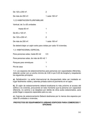 393
De 120 a 250 m². 2
De más de 250 m². 1 cada 100 m²
1.2.3 HABITACION PLURIFAMILIAR
Vertical, de 3 a 50 unidades
Hasta 60 m². 1
De 60 a 120 m². 1
De 120 a 250 m². 2
De más de 250 m². 1 cada 100 m²
Se deberá dejar un cajón extra para visitas por cada 10 viviendas.
1.3. HABITACIONAL ESPECIAL
Para personas solas, hasta 60 m2 0.5
Para personas solas, de más de 60 m2 1
Parques para remolques 1
Pie de casa 1
1.4. Los espacios de estacionamientos para personas con capacidades diferentes,
deberán contar con un ancho mínimo de 3.60 m por 6.20 de longitud y respetando
los siguientes principios:
a). Señalización: La señal internacional de discapacitado debe ser instalada en
lugar fácilmente visible y además pintada sobre el pavimento en el cajón.
b). El cajón de estacionamiento deberá localizarse lo más próximo al acceso del
edificio o la vivienda, procurando en todo momento que la persona con capacidad
diferente, no camine o se desplace por detrás de otros autos estacionados, para
poder llegar a espacios especiales para su uso.
c). Cajones de estacionamiento Deberá destinarse por lo menos dos espacios por
cada 50 unidades o viviendas.
PROYECTOS DE EQUIPAMIENTO URBANO EDIFICIOS PARA COMERCIOS Y
OFICINAS
 