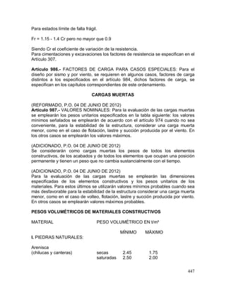 447
Para estados límite de falla frágil.
Fr = 1.15 - 1.4 Cr pero no mayor que 0.9
Siendo Cr el coeficiente de variación de la resistencia.
Para cimentaciones y excavaciones los factores de resistencia se especifican en el
Artículo 307.
Artículo 986.- FACTORES DE CARGA PARA CASOS ESPECIALES: Para el
diseño por sismo y por viento, se requieren en algunos casos, factores de carga
distintos a los especificados en el artículo 984, dichos factores de carga, se
especifican en los capítulos correspondientes de este ordenamiento.
CARGAS MUERTAS
(REFORMADO, P.O. 04 DE JUNIO DE 2012)
Artículo 987.- VALORES NOMINALES: Para la evaluación de las cargas muertas
se emplearán los pesos unitarios especificados en la tabla siguiente: los valores
mínimos señalados se emplearán de acuerdo con el artículo 974 cuando no sea
conveniente, para la estabilidad de la estructura, considerar una carga muerta
menor, como en el caso de flotación, lastre y succión producida por el viento. En
los otros casos se emplearán los valores máximos.
(ADICIONADO, P.O. 04 DE JUNIO DE 2012)
Se considerarán como cargas muertas los pesos de todos los elementos
constructivos, de los acabados y de todos los elementos que ocupan una posición
permanente y tienen un peso que no cambia sustancialmente con el tiempo.
(ADICIONADO, P.O. 04 DE JUNIO DE 2012)
Para la evaluación de las cargas muertas se emplearán las dimensiones
especificadas de los elementos constructivos y los pesos unitarios de los
materiales. Para estos últimos se utilizarán valores mínimos probables cuando sea
más desfavorable para la estabilidad de la estructura considerar una carga muerta
menor, como en el caso de volteo, flotación, lastre y succión producida por viento.
En otros casos se emplearán valores máximos probables.
PESOS VOLUMÉTRICOS DE MATERIALES CONSTRUCTIVOS
MATERIAL PESO VOLUMÉTRICO EN t/m³
MÍNIMO MÁXIMO
I. PIEDRAS NATURALES:
Arenisca
(chilucas y canteras) secas 2.45 1.75
saturadas 2.50 2.00
 