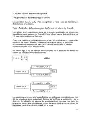 458
Tb = Límite superior de la meseta espectral
r = Exponente que depende del tipo de terreno
Los valores de ao, c, T, Ta, Tb y r se consignan en la Tabla I para los distintos tipos
de terreno de cimentación.
Tabla I. Parámetros de los espectros de diseño para estructuras del Grupo B.
Los valores aquí especificados para las ordenadas espectrales de diseño son
aplicables a construcciones del Grupo B. Estos valores habrán de multiplicarse por
1.5 para construcciones del Grupo A.
Cuando se conozca el periodo dominante del sitio se permitirán reducciones en los
espectros de diseño. Para ello, tratándose de terrenos tipo II y III se podrán
modificar el coeficiente sísmico y los períodos característicos de la meseta
espectral como se indica a continuación:
En terreno tipo I, no se admiten modificaciones en el espectro de diseño por
efectos del período dominante del terreno.
3.3
4.0
18.0 2



s
s
T
T
C (998.4)
Los espectros de diseño aquí especificados son aplicables a construcciones con
5% de amortiguamiento estructural. Cuando se justifique a satisfacción de la
Dirección la adopción de valores de amortiguamiento mayores que éste, las
ordenadas espectrales de diseño se podrán escalar multiplicando los valores del
coeficiente sísmico dados en la tabla I, por el factor:
Terrenos tipo II:
Ta = max ( 0.35 Ts, 0.20 s)
Tb = max (1.25 Ts, 0.60 s)
(998.5)
Terrenos tipo III:
Ta = max ( 0.35 Ts, 0.50 s)
Tb = max (1.25 Ts, 1.50 s)
(998.6)
 