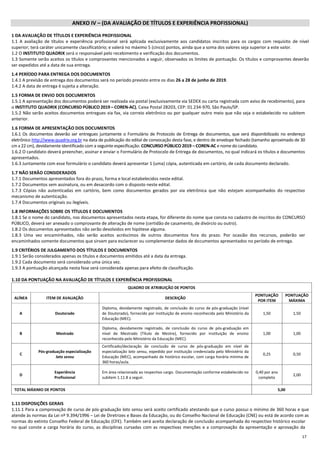 17
ANEXO IV – (DA AVALIAÇÃO DE TÍTULOS E EXPERIÊNCIA PROFISSIONAL)
1 DA AVALIAÇÃO DE TÍTULOS E EXPERIÊNCIA PROFISSIONAL
1.1 A avaliação de títulos e experiência profissional será aplicada exclusivamente aos candidatos inscritos para os cargos com requisito de nível
superior; terá caráter unicamente classificatório; e valerá no máximo 5 (cinco) pontos, ainda que a soma dos valores seja superior a este valor.
1.2 O INSTITUTO QUADRIX será o responsável pelo recebimento e verificação dos documentos.
1.3 Somente serão aceitos os títulos e comprovantes mencionados a seguir, observados os limites de pontuação. Os títulos e comprovantes deverão
ser expedidos até a data de sua entrega.
1.4 PERÍODO PARA ENTREGA DOS DOCUMENTOS
1.4.1 A previsão de entrega dos documentos será no período previsto entre os dias 26 a 28 de junho de 2019.
1.4.2 A data de entrega é sujeita a alteração.
1.5 FORMA DE ENVIO DOS DOCUMENTOS
1.5.1 A apresentação dos documentos poderá ser realizada via postal (exclusivamente via SEDEX ou carta registrada com aviso de recebimento), para
o INSTITUTO QUADRIX (CONCURSO PÚBLICO 2019 – COREN-AC), Caixa Postal 28203, CEP: 01.234-970, São Paulo/SP.
1.5.2 Não serão aceitos documentos entregues via fax, via correio eletrônico ou por qualquer outro meio que não seja o estabelecido no subitem
anterior.
1.6 FORMA DE APRESENTAÇÃO DOS DOCUMENTOS
1.6.1 Os documentos deverão ser entregues juntamente o Formulário de Protocolo de Entrega de documentos, que será disponibilizado no endereço
eletrônico http://www.quadrix.org.br na data de publicação do edital de convocação desta fase, e dentro de envelope fechado (tamanho aproximado de 30
cm x 22 cm), devidamente identificado com a seguinte especificação: CONCURSO PÚBLICO 2019 – COREN-AC e nome do candidato.
1.6.2 O candidato deverá preencher, assinar e enviar o Formulário de Protocolo de Entrega de documentos, no qual indicará os títulos e documentos
apresentados.
1.6.3 Juntamente com esse formulário o candidato deverá apresentar 1 (uma) cópia, autenticada em cartório, de cada documento declarado.
1.7 NÃO SERÃO CONSIDERADOS
1.7.1 Documentos apresentados fora do prazo, forma e local estabelecidos neste edital.
1.7.2 Documentos sem assinatura, ou em desacordo com o disposto neste edital.
1.7.3 Cópias não autenticadas em cartório, bem como documentos gerados por via eletrônica que não estejam acompanhados do respectivo
mecanismo de autenticação.
1.7.4 Documentos originais ou ilegíveis.
1.8 INFORMAÇÕES SOBRE OS TÍTULOS E DOCUMENTOS
1.8.1 Se o nome do candidato, nos documentos apresentados nesta etapa, for diferente do nome que consta no cadastro de inscritos do CONCURSO
PÚBLICO, deverá ser anexado o comprovante de alteração de nome (certidão de casamento, de divórcio ou outro).
1.8.2 Os documentos apresentados não serão devolvidos em hipótese alguma.
1.8.3 Uma vez encaminhados, não serão aceitos acréscimos de outros documentos fora do prazo. Por ocasião dos recursos, poderão ser
encaminhados somente documentos que sirvam para esclarecer ou complementar dados de documentos apresentados no período de entrega.
1.9 CRITÉRIOS DE JULGAMENTO DOS TÍTULOS E DOCUMENTOS
1.9.1 Serão considerados apenas os títulos e documentos emitidos até a data da entrega.
1.9.2 Cada documento será considerado uma única vez.
1.9.3 A pontuação alcançada nesta fase será considerada apenas para efeito de classificação.
1.10 DA PONTUAÇÃO NA AVALIAÇÃO DE TÍTULOS E EXPERIÊNCIA PROFISSIONAL
QUADRO DE ATRIBUIÇÃO DE PONTOS
ALÍNEA ITEM DE AVALIAÇÃO DESCRIÇÃO
PONTUAÇÃO
POR ITEM
PONTUAÇÃO
MÁXIMA
A Doutorado
Diploma, devidamente registrado, de conclusão do curso de pós-graduação (nível
de Doutorado), fornecido por instituição de ensino reconhecida pelo Ministério da
Educação (MEC).
1,50 1,50
B Mestrado
Diploma, devidamente registrado, de conclusão do curso de pós-graduação em
nível de Mestrado (Título de Mestre), fornecido por instituição de ensino
reconhecida pelo Ministério da Educação (MEC).
1,00 1,00
C
Pós-graduação especialização
lato sensu
Certificado/declaração de conclusão de curso de pós-graduação em nível de
especialização lato sensu, expedido por instituição credenciada pelo Ministério da
Educação (MEC), acompanhado de histórico escolar, com carga horária mínima de
360 horas/aula.
0,25 0,50
D
Experiência
Profissional
Em área relacionada ao respectivo cargo. Documentação conforme estabelecido no
subitem 1.11.8 a seguir.
0,40 por ano
completo
2,00
TOTAL MÁXIMO DE PONTOS 5,00
1.11 DISPOSIÇÕES GERAIS
1.11.1 Para a comprovação de curso de pós-graduação lato sensu será aceito certificado atestando que o curso possui o mínimo de 360 horas e que
atende às normas da Lei nº 9.394/1996 – Lei de Diretrizes e Bases da Educação, ou do Conselho Nacional de Educação (CNE) ou está de acordo com as
normas do extinto Conselho Federal de Educação (CFE). Também será aceita declaração de conclusão acompanhada do respectivo histórico escolar
no qual conste a carga horária do curso, as disciplinas cursadas com as respectivas menções e a comprovação da apresentação e aprovação da
 